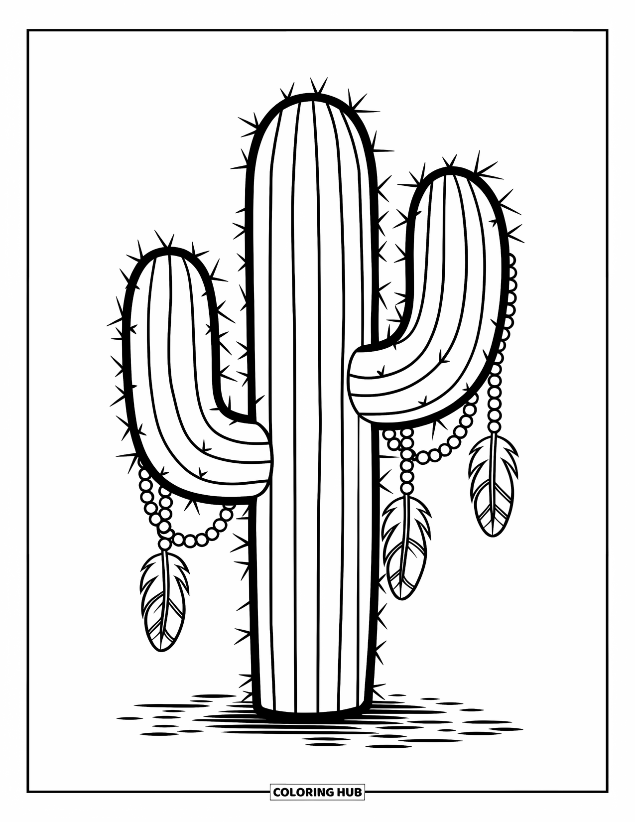 Desen de colorat cu cactus pentru copii: Un cactus în stil boem cu mărgele și pene atârnate, plasat pe o suprafață texturată