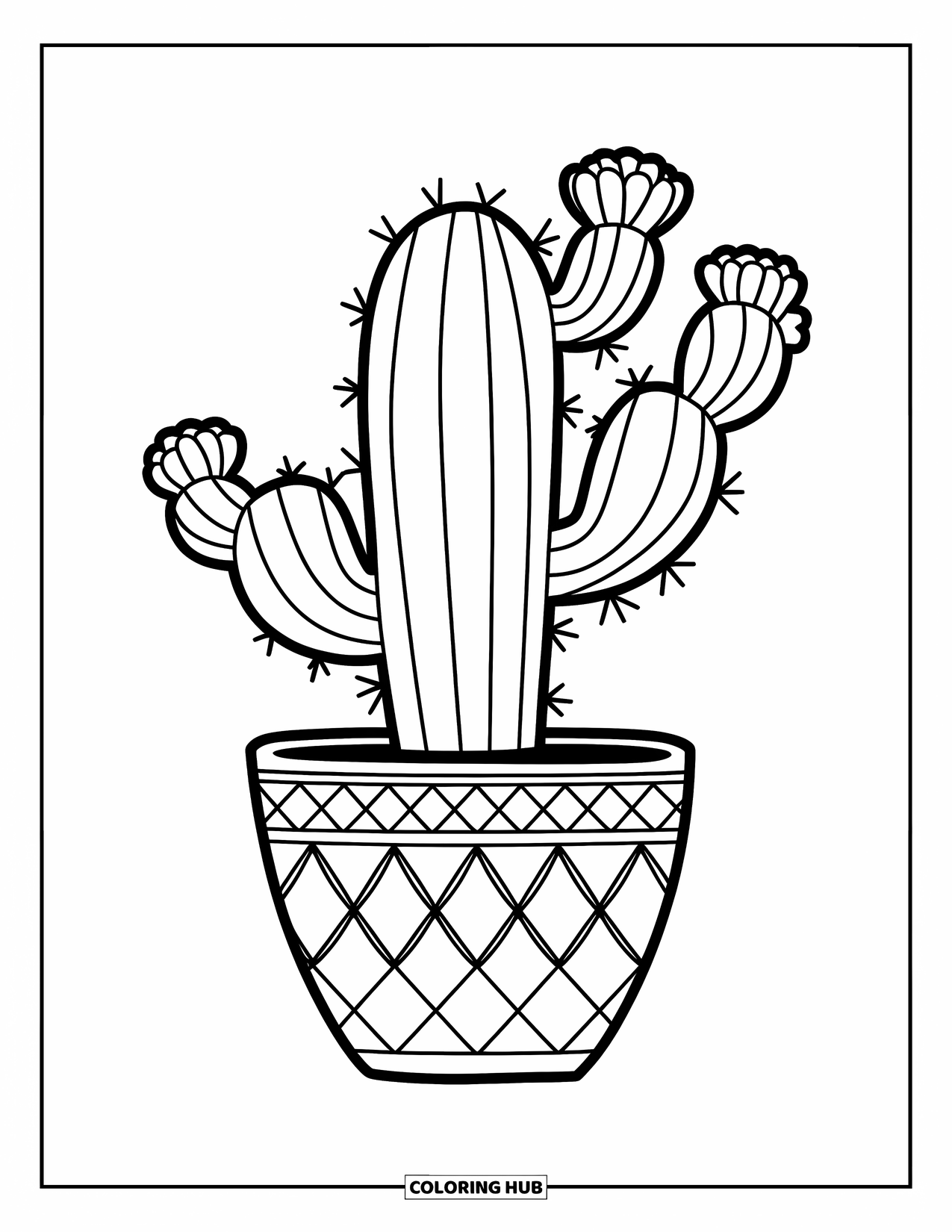 Desen de colorat cu cactus pentru copii: Un cactus într-un ghiveci cu model, înflorind cu flori mici, plasat într-un cadru senin