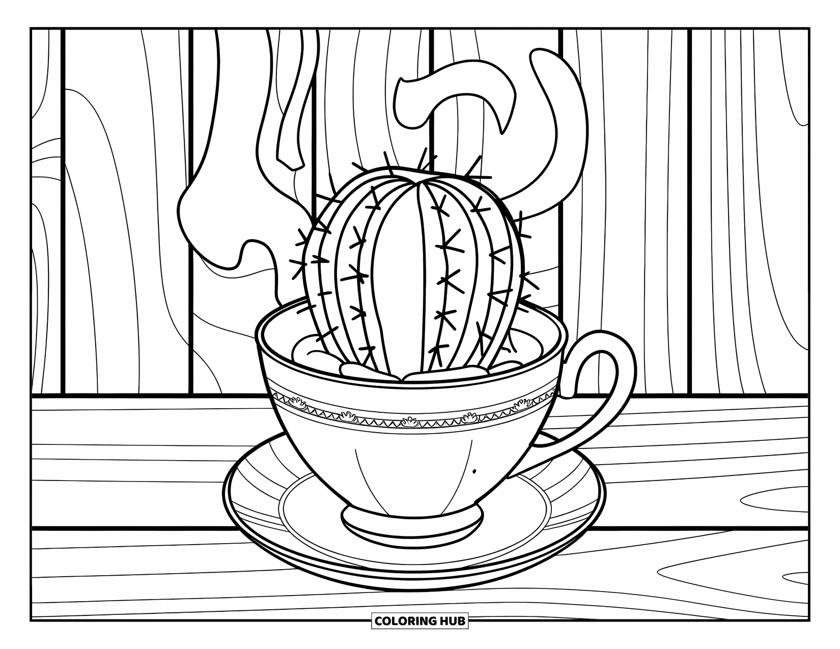 Desen de colorat cu cactus pentru copii: Un cactus într-o ceașcă de ceai, așezat pe o farfurioară cu linii de abur, creând o ambianță caldă