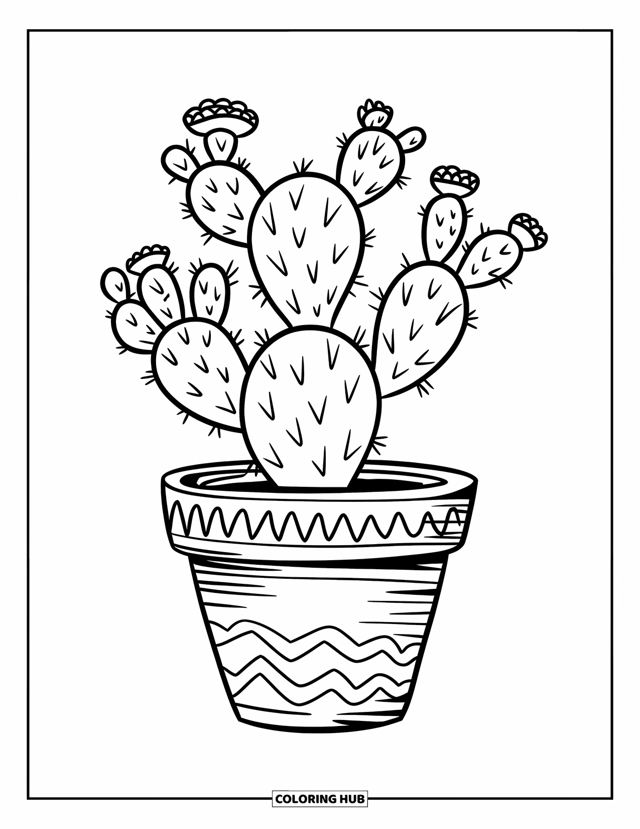 Desen de colorat cu cactus pentru copii: Un cactus fermecător într-un ghiveci texturat, cu flori mici care înfloresc din brațe