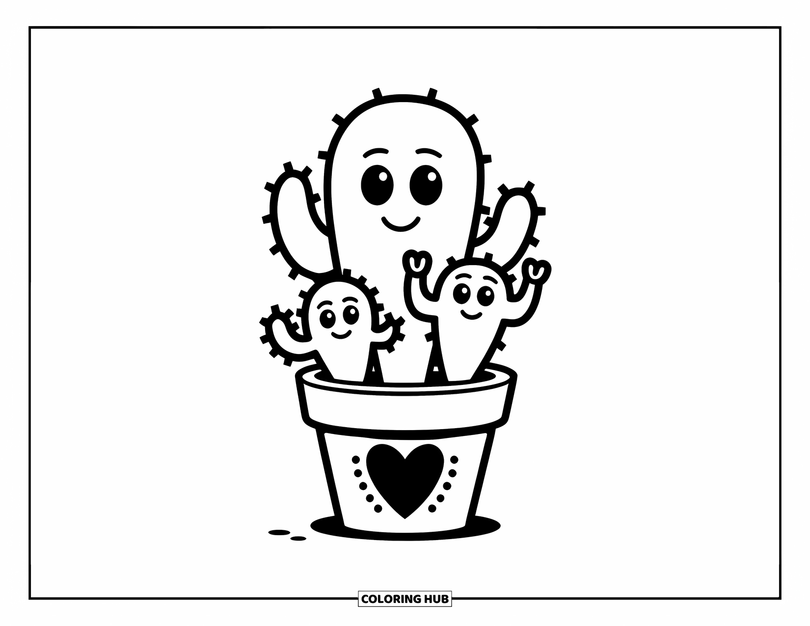Desen de colorat cu cactus pentru copii: O familie veselă de cactuși cu un părinte și doi cactuși bebeluși într-un ghiveci decorat cu inimioare