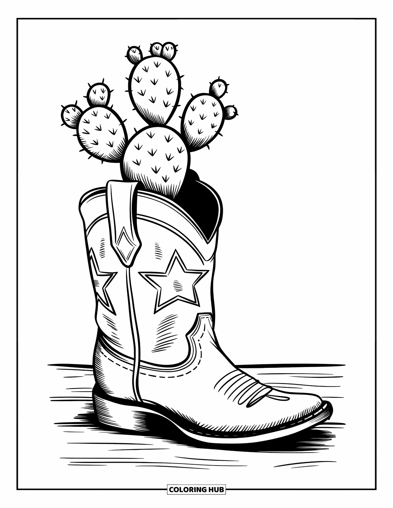 Desen de colorat cu cactus pentru copii: O cizmă de cowboy cu un cactus în interior, așezată pe o suprafață de lemn într-un cadru western