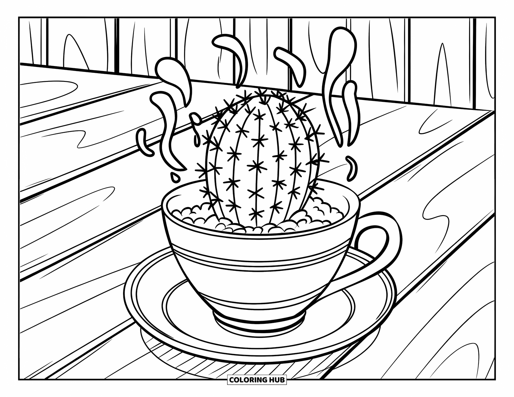 Desen de colorat cu cactus pentru copii: O scenă confortabilă cu un cactus într-o ceașcă de ceai, abur ridicându-se ca și cum ar fi o băutură caldă
