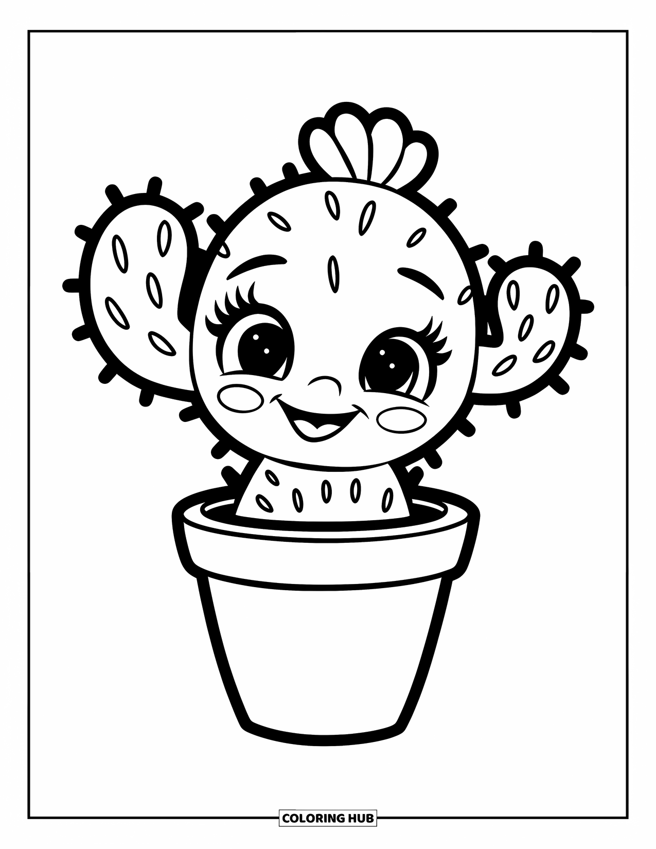 Desen de colorat cu cactus pentru copii: Un cactus bebeluș drăguț, cu o expresie fericită, crescând într-un ghiveci mic și rotund