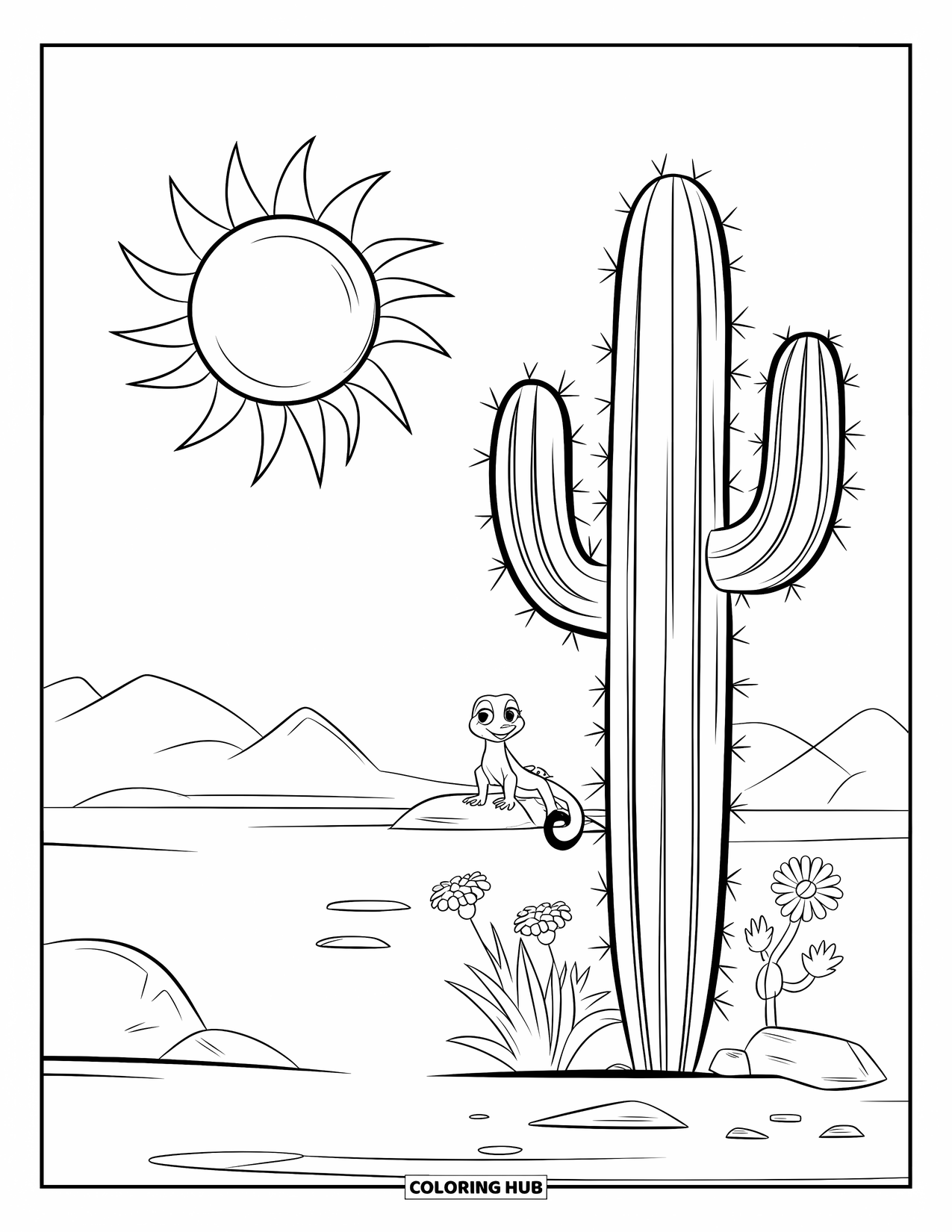 Desen de colorat cu cactus pentru copii: Un cadru drăguț de deșert cu un soare, un cactus saguaro, o șopârlă și flori mici de deșert