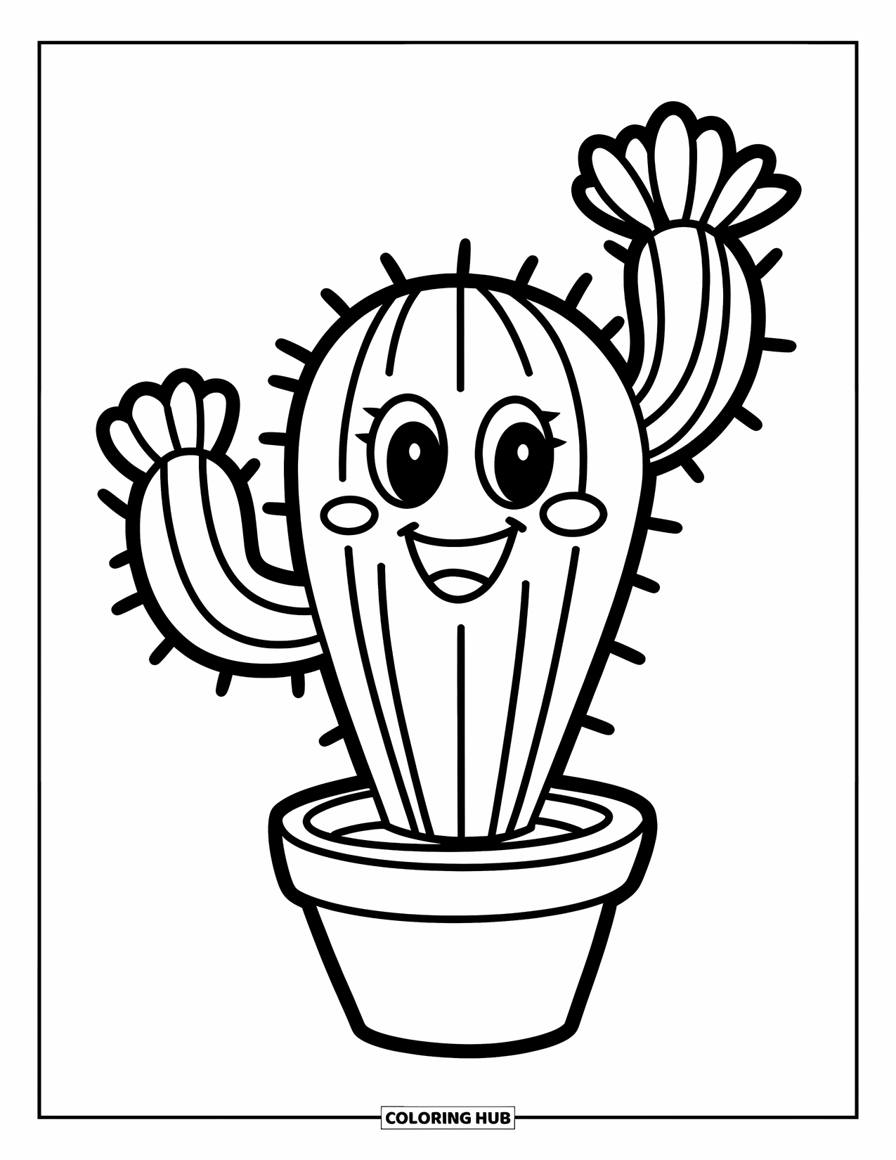 Desen de colorat cu cactus pentru copii: Un cactus drăguț, zâmbitor, într-un ghiveci mic, cu contururi groase și detalii minime