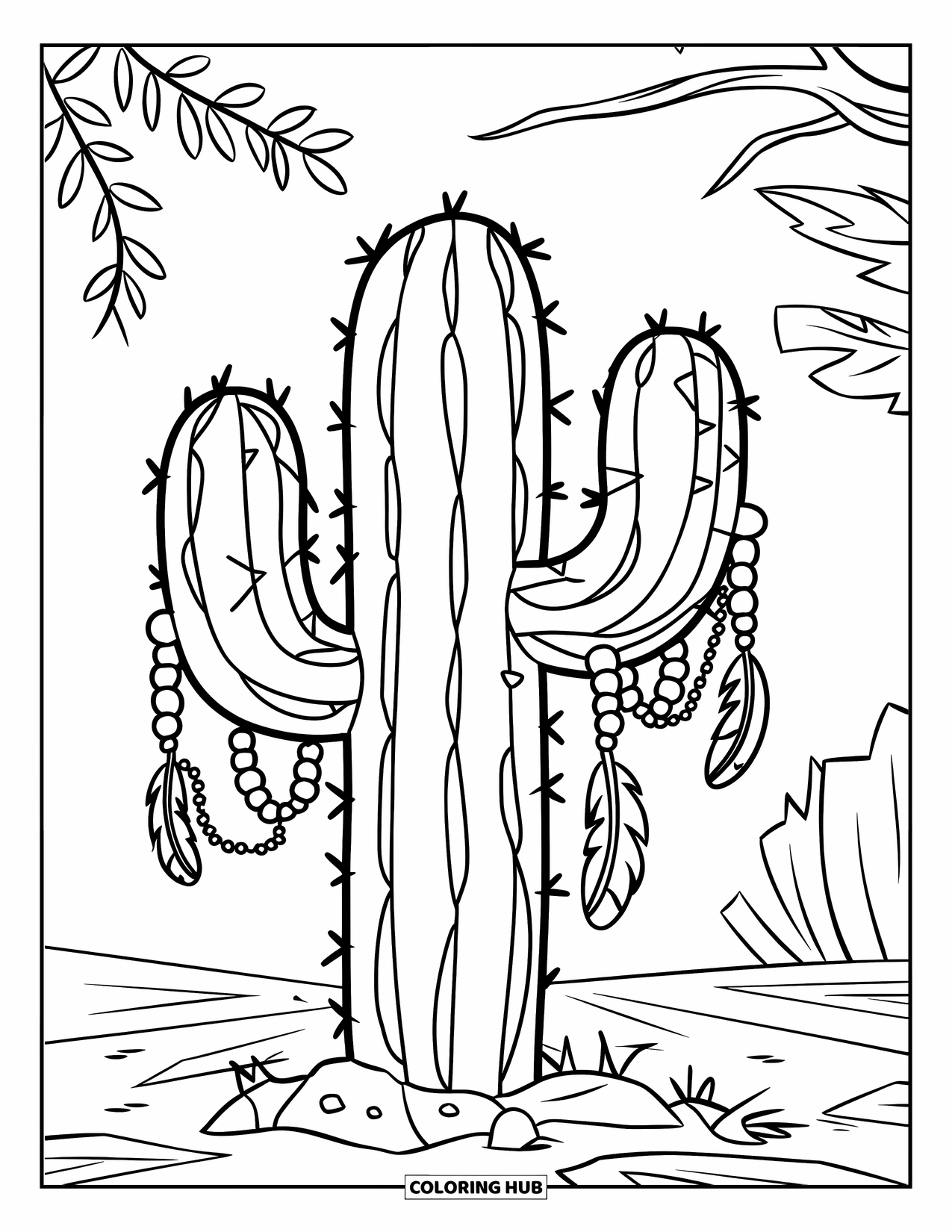 Desen de colorat cu cactus pentru copii: Un cactus decorativ cu mărgele și pene, plasat printre frunze și o ramură în fundal