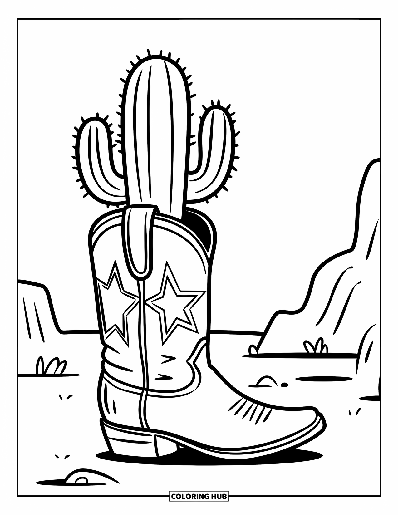 Desen de colorat cu cactus pentru copii: O scenă de deșert cu un cactus crescând într-un cizmă de cowboy, înconjurat de câteva pietre împrăștiate