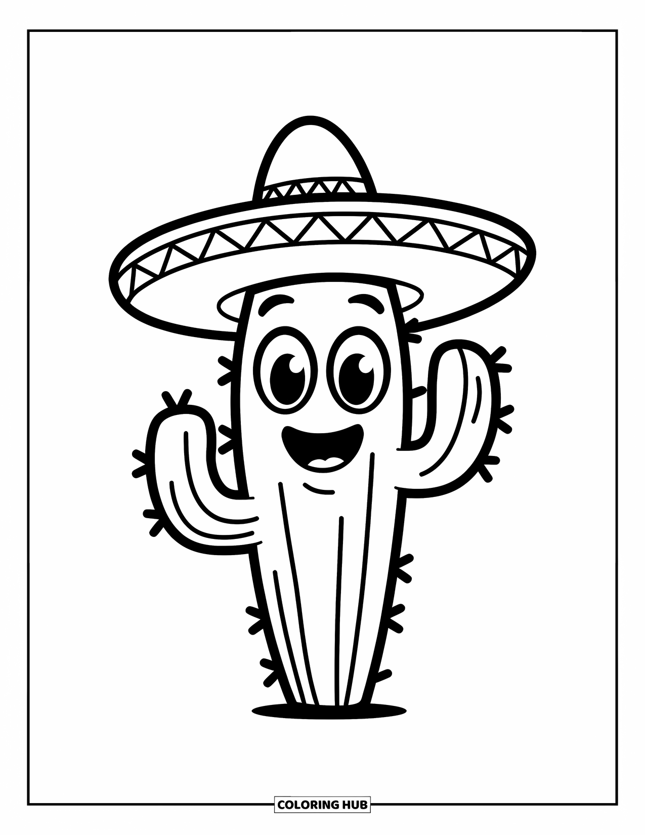 Desen de colorat cu cactus pentru copii: Un cactus prietenos cu un zâmbet mare și un sombrero, stând într-un fundal simplu