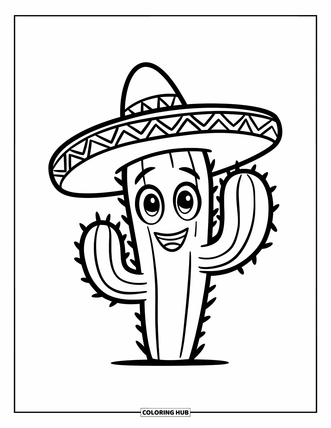 Desen de colorat cu cactus pentru copii: Un cactus prietenos, în stil de desene animate, cu ochi mari, un zâmbet larg și un sombrero mic