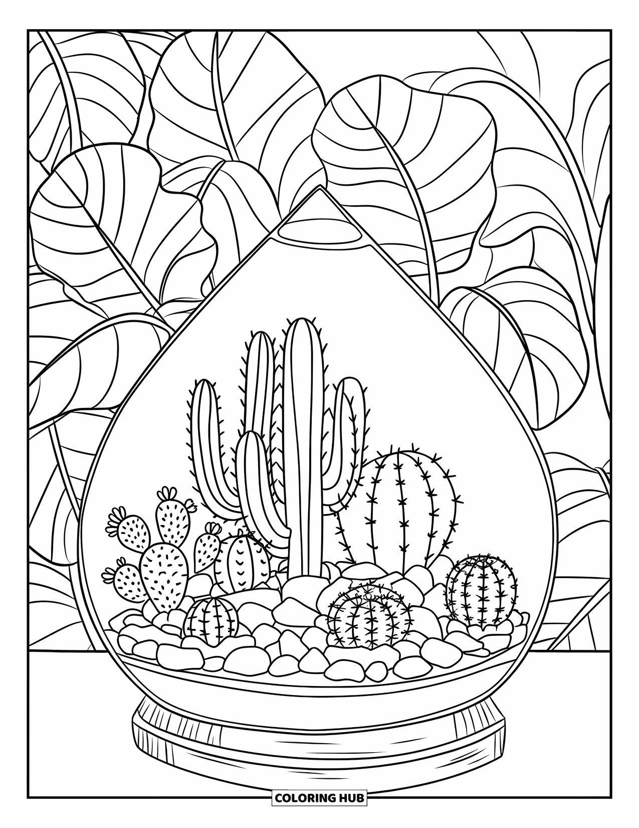 Desen de colorat cu cactus pentru copii: Un terariu de sticlă umplut cu cactuși, așezat pe o bază de lemn cu plante luxuriante în fundal