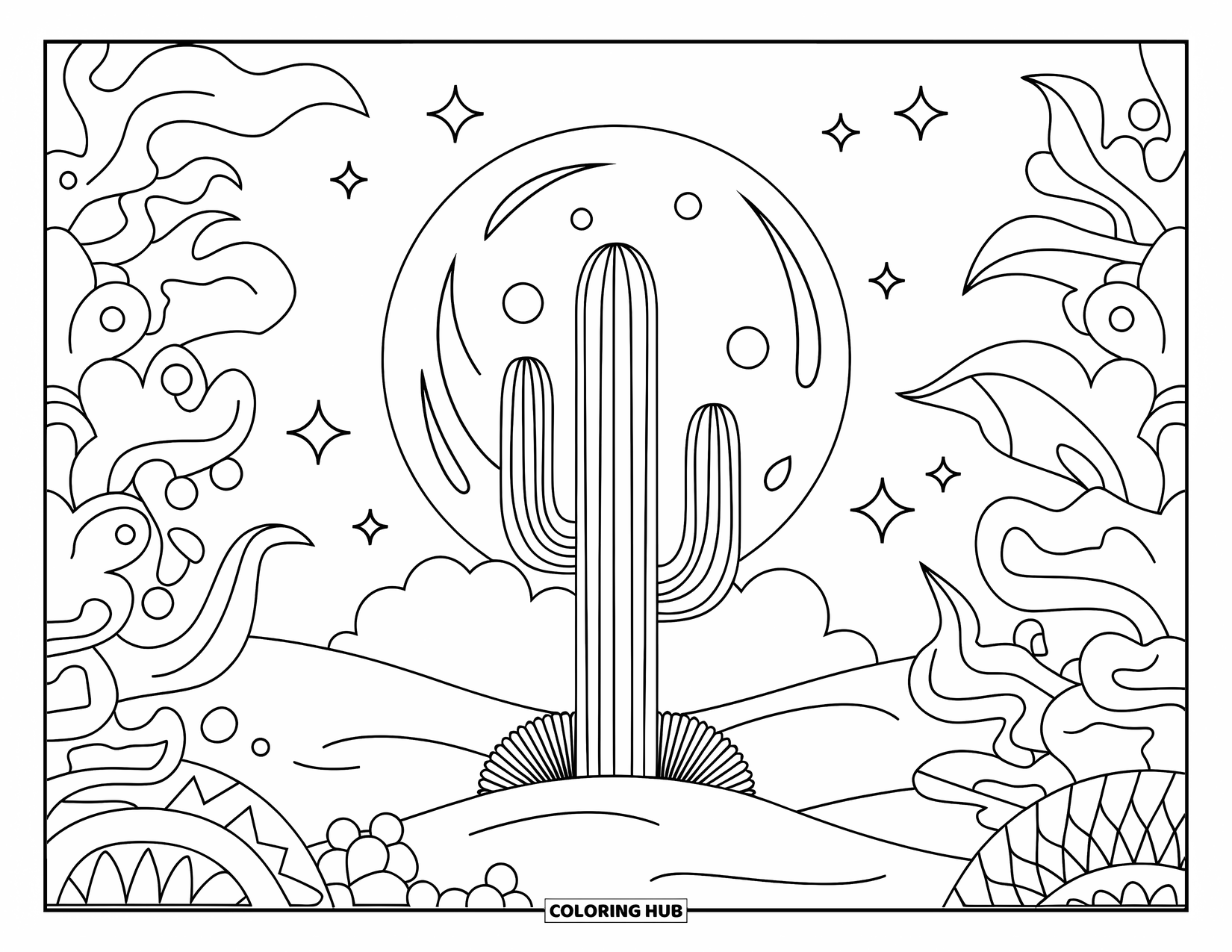 Desen de colorat cu cactus pentru copii: Un cactus strălucitor sub lună plină, înconjurat de plante mistice de deșert și un cer înstelat