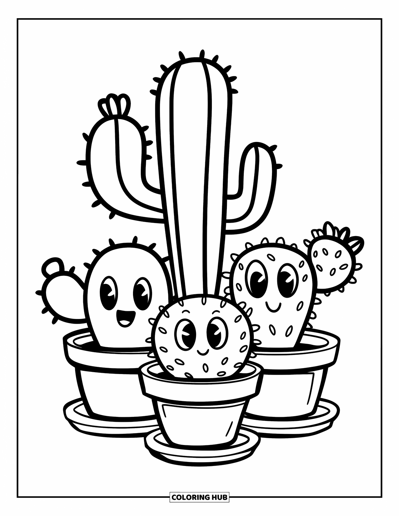 Desen de colorat cu cactus pentru copii: Un grup de trei cactuși în ghivece cu farfurie, stând împreună cu expresii vesele