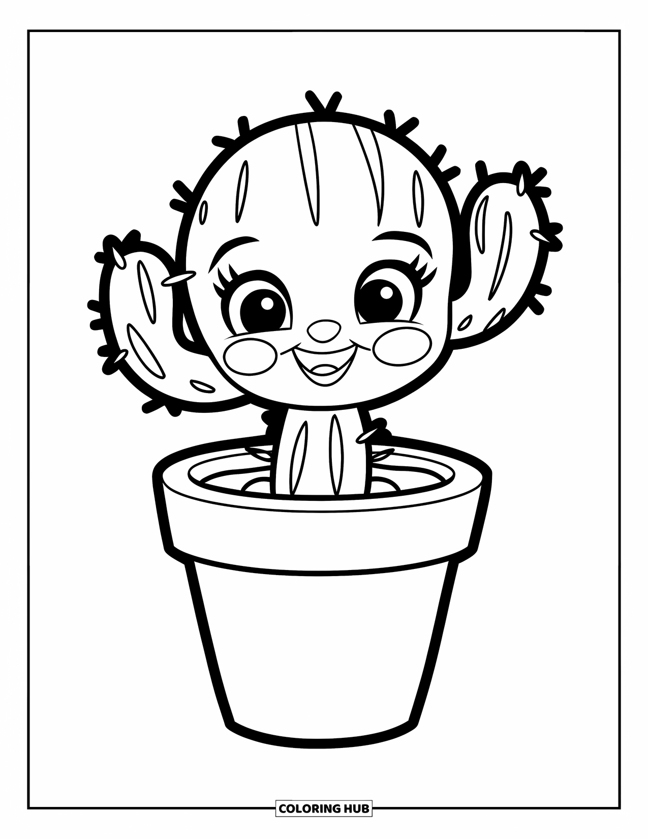 Desen de colorat cu cactus pentru copii: Un cactus bebeluș fericit, cu brațe mici și o față îmbujorată, stând într-un ghiveci simplu