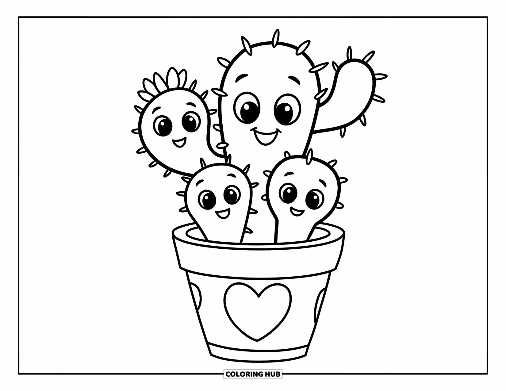 Desen de colorat cu cactus pentru copii: O familie fericită de cactuși într-un ghiveci confortabil, radiind căldură și dragoste