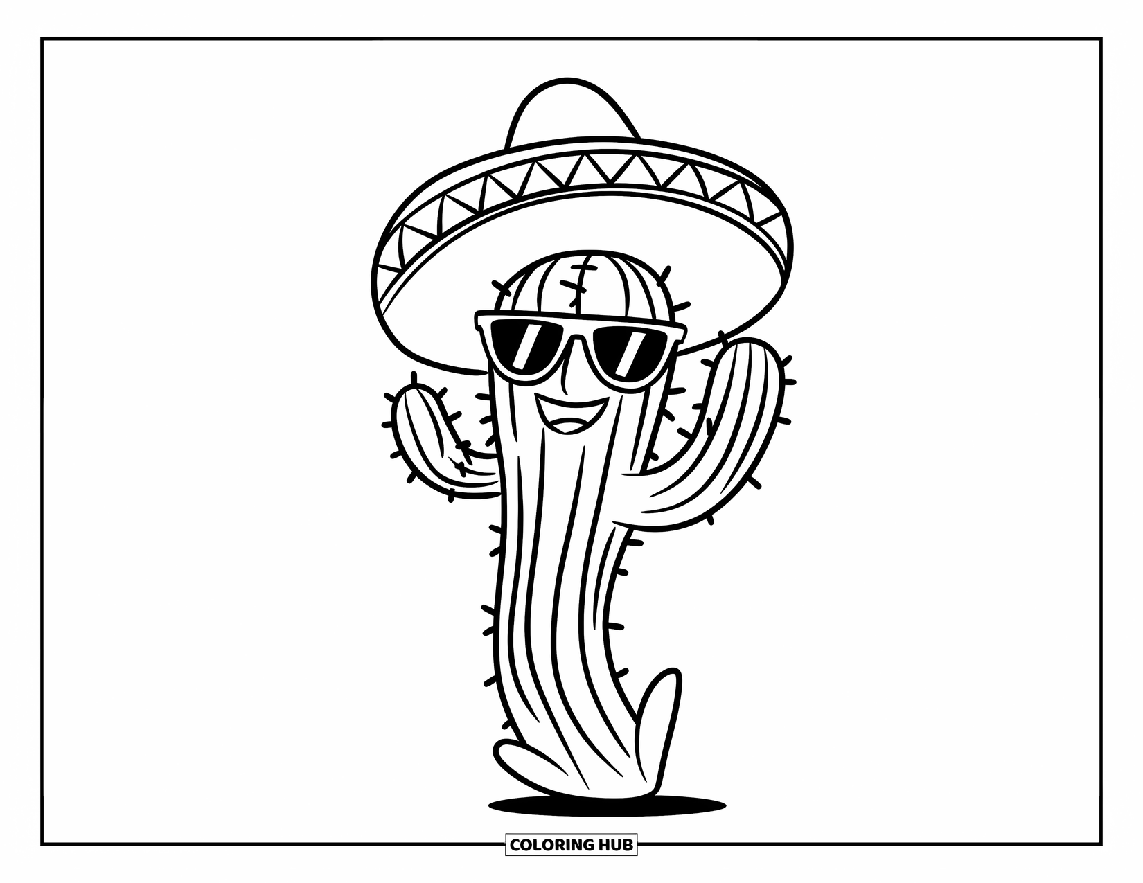 Desen de colorat cu cactus pentru copii: Un cactus dansator fericit, cu brațele ridicate, purtând ochelari de soare și un sombrero