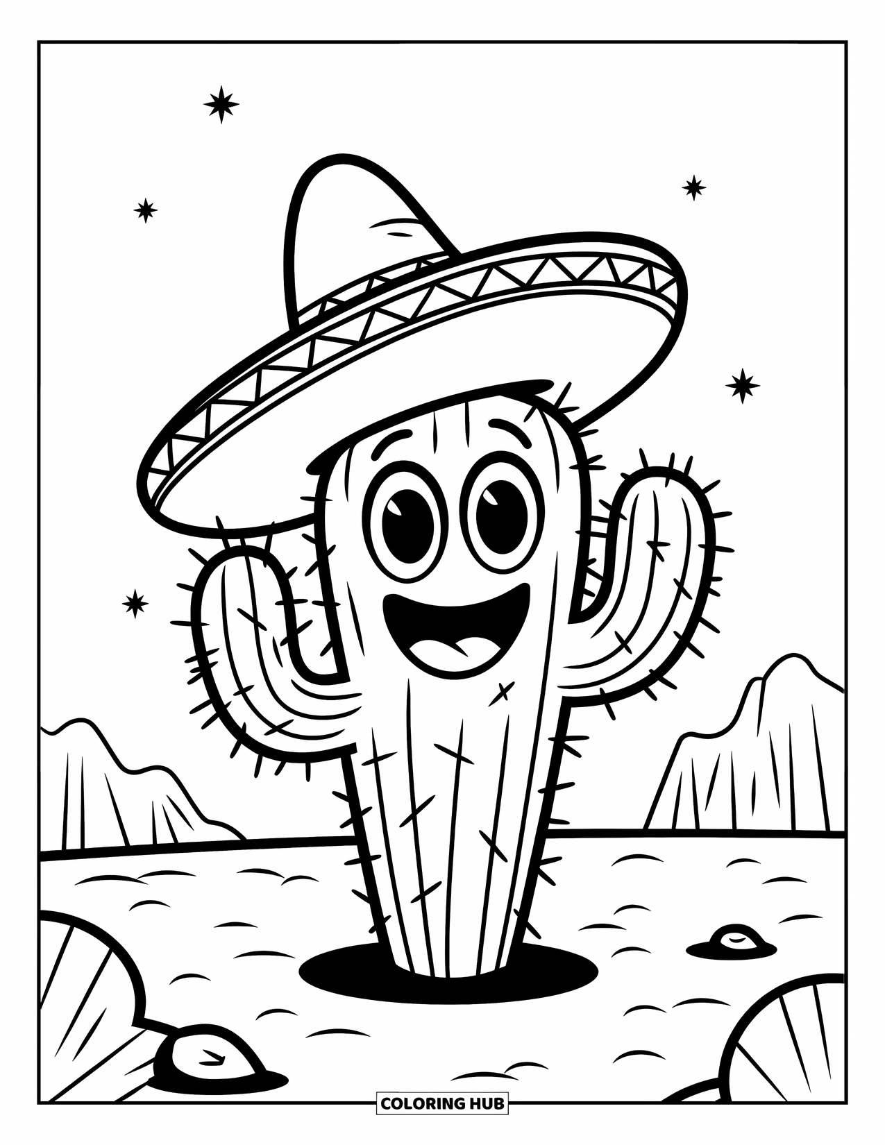 Desen de colorat cu cactus pentru copii: Un cactus vesel într-un sombrero, stând în deșert cu câteva stele pe cer