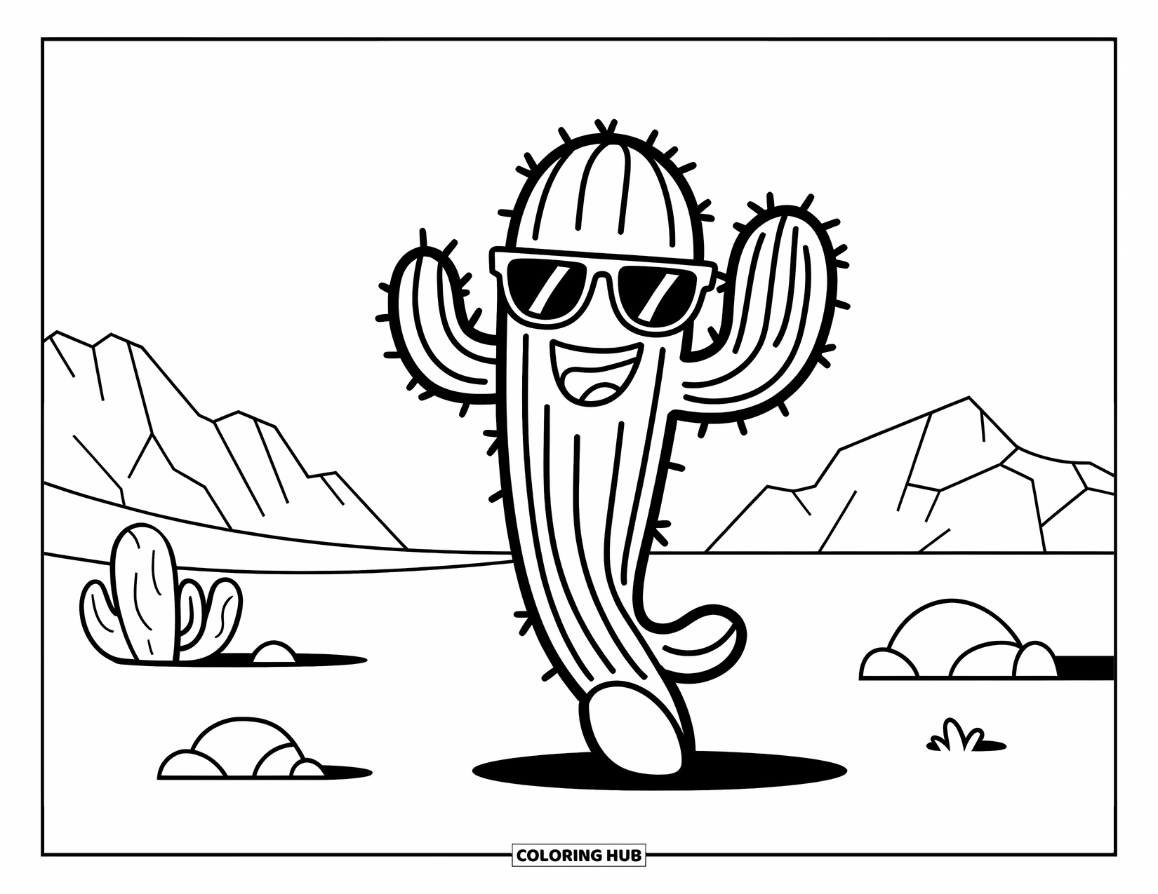 Desen de colorat cu cactus pentru copii: Un cactus dansator plin de viață, cu ochelari de soare, cântând în deșert cu munți în fundal
