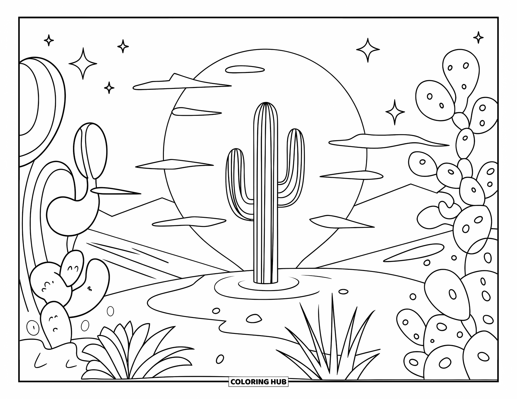 Desen de colorat cu cactus pentru copii: O scenă magică de deșert cu un cactus strălucitor sub lună plină, înconjurat de plante mistice