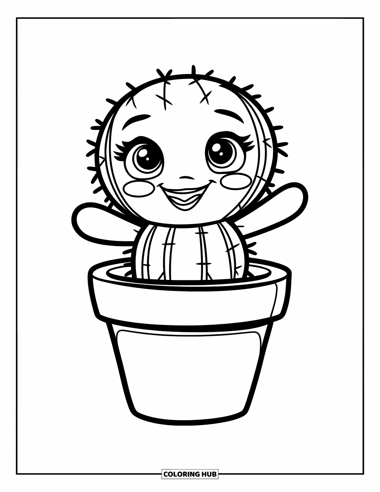 Desen de colorat cu cactus pentru copii: Un cactus bebeluș zâmbitor într-un ghiveci, radiind bucurie cu fața sa îmbujorată și brațele mici