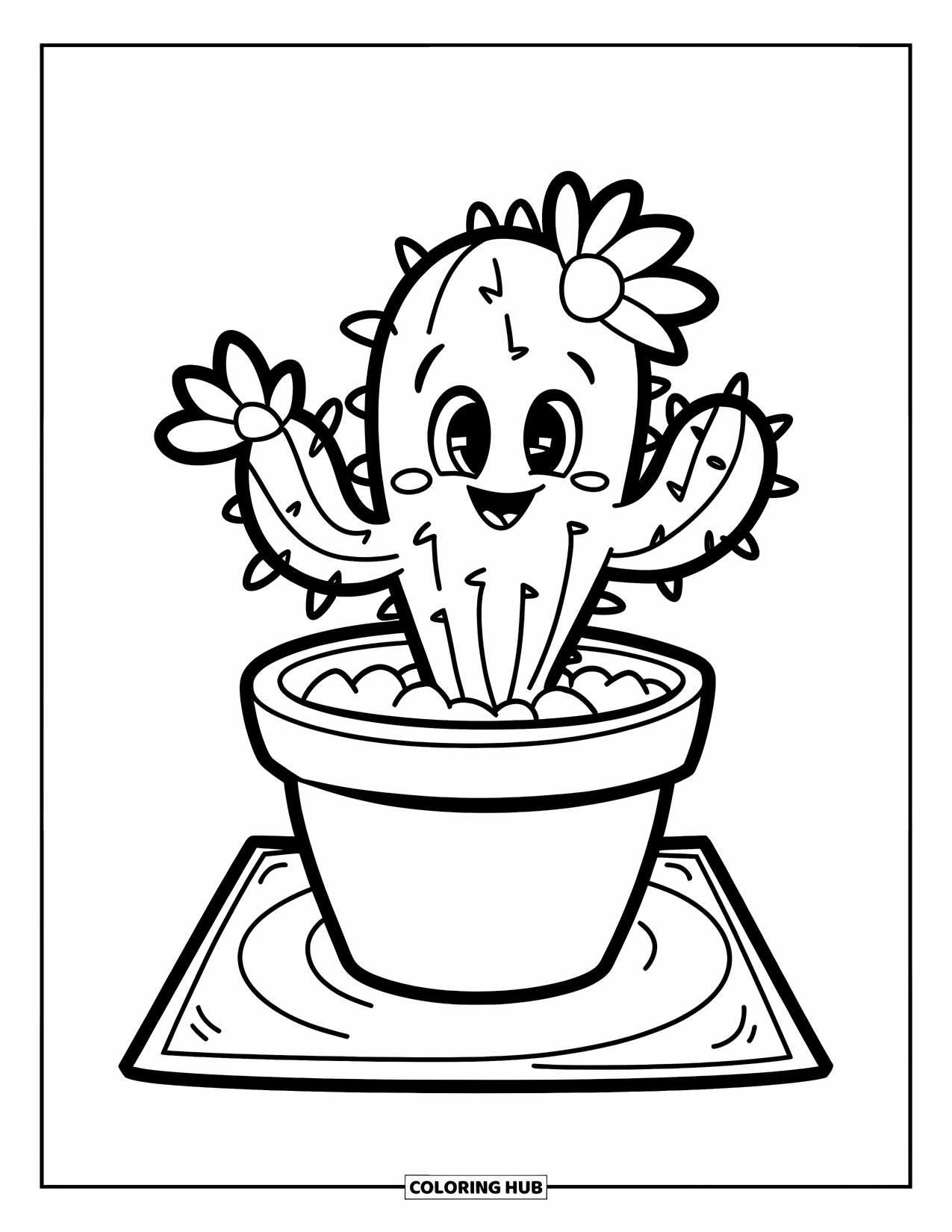 Desen de colorat cu cactus pentru copii: Un cactus zâmbitor într-un ghiveci rotund, așezat pe un covoraș cu un design fermecător