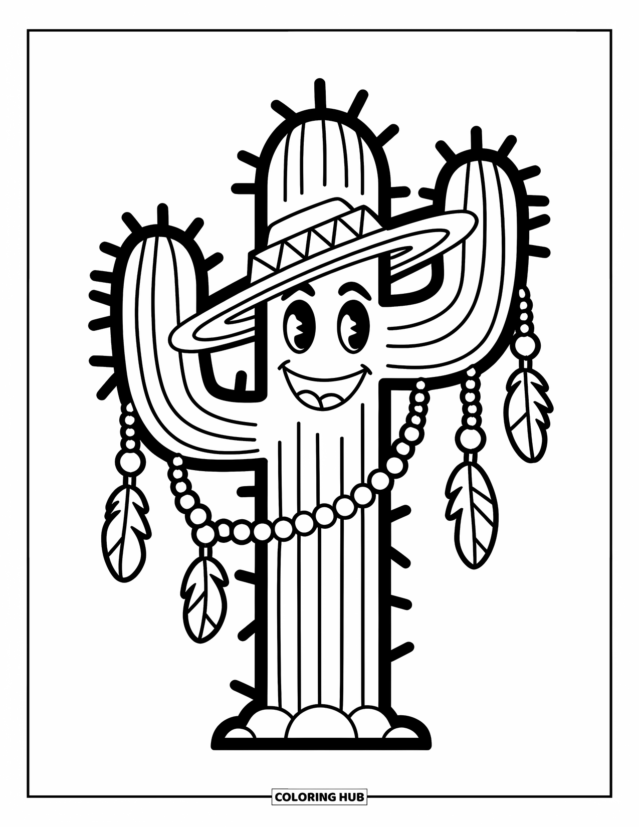Desen de colorat cu cactus pentru copii: Un cactus zâmbitor cu mărgele, pene și o pălărie, adăugând o notă de jucăușenie