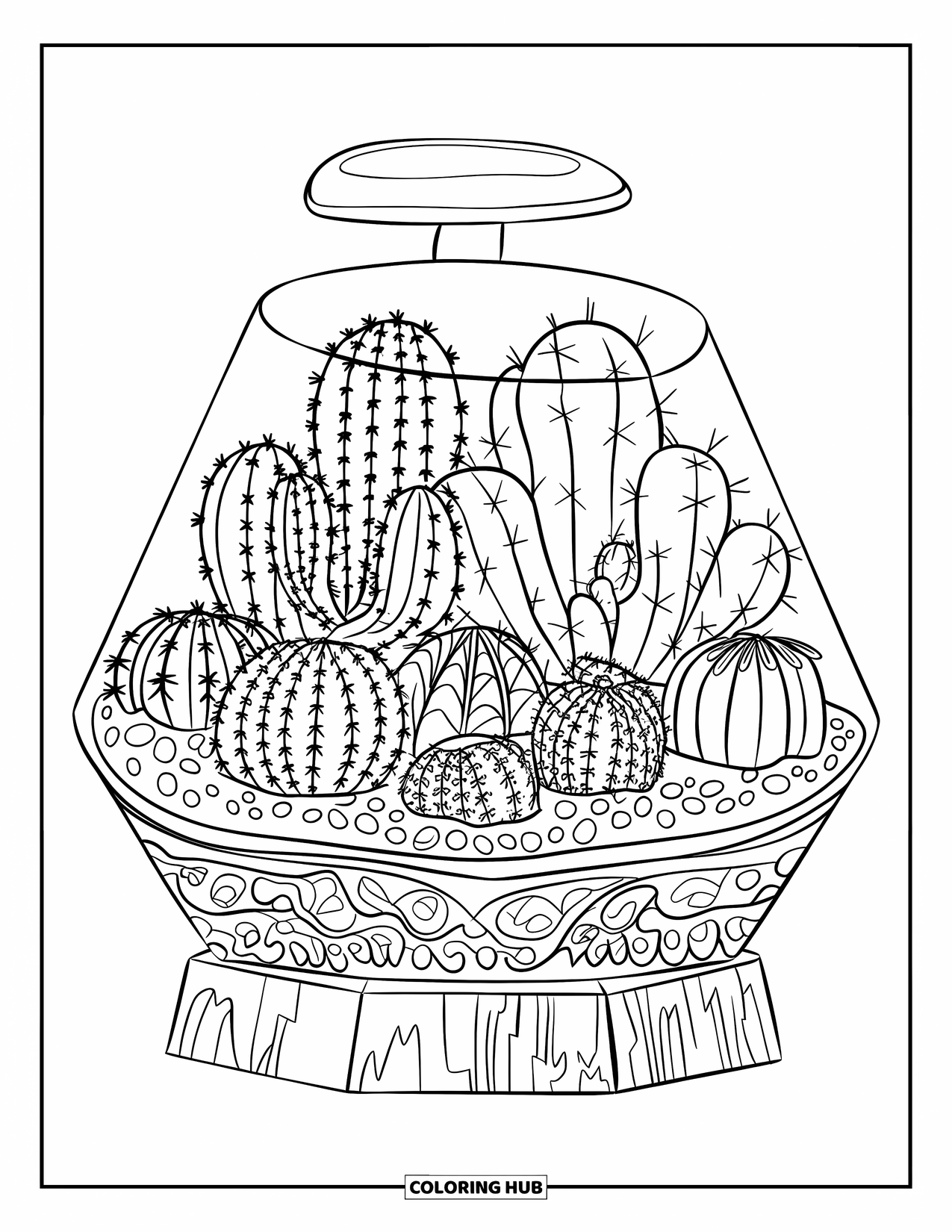 Desen de colorat cu cactus pentru copii: Un terariu umplut cu diverse specii de cactuși, aranjate într-un recipient de sticlă pe o bază de lemn