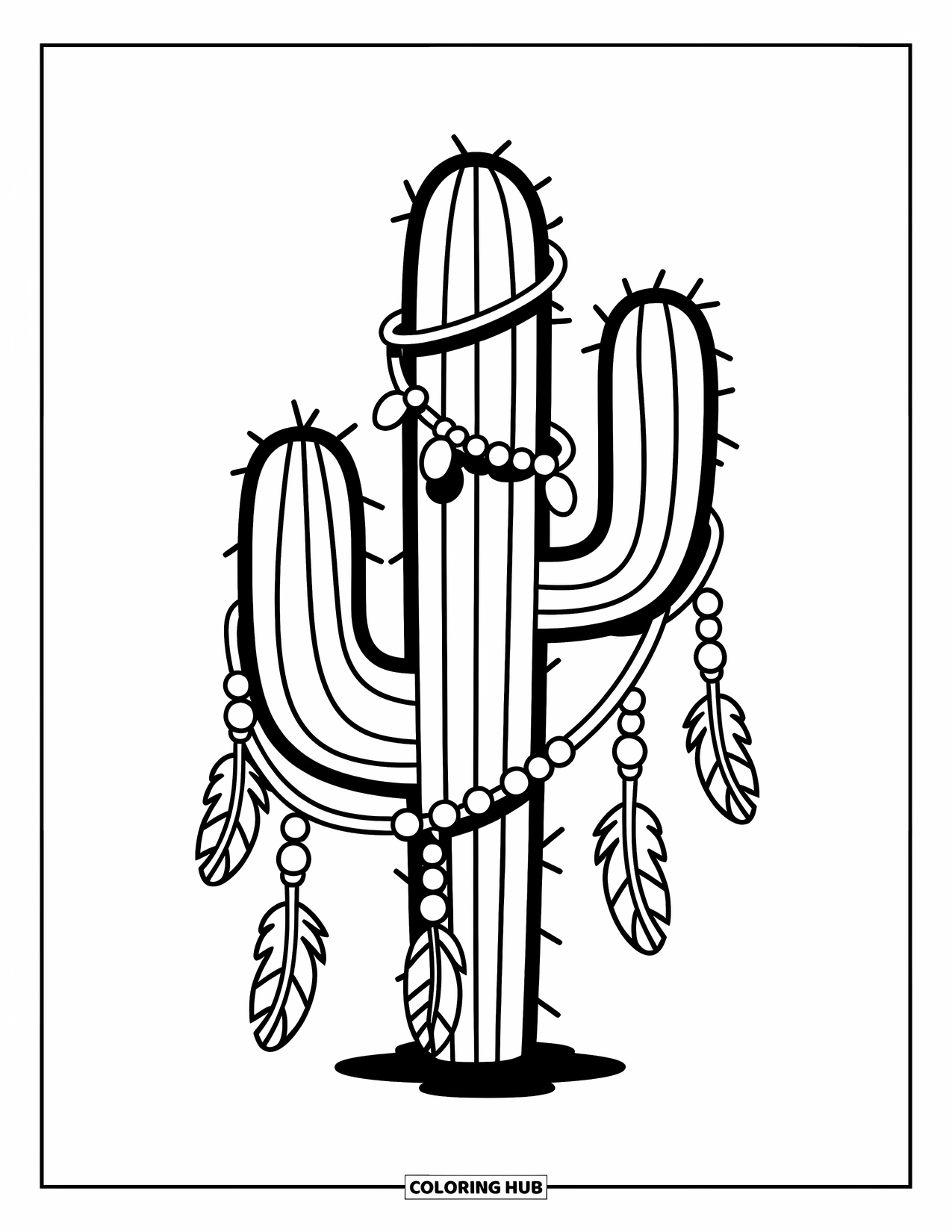 Desen de colorat cu cactus pentru copii: Un cactus unic cu mărgele și pene atârnate, emanând o vibrație artistică și liberă