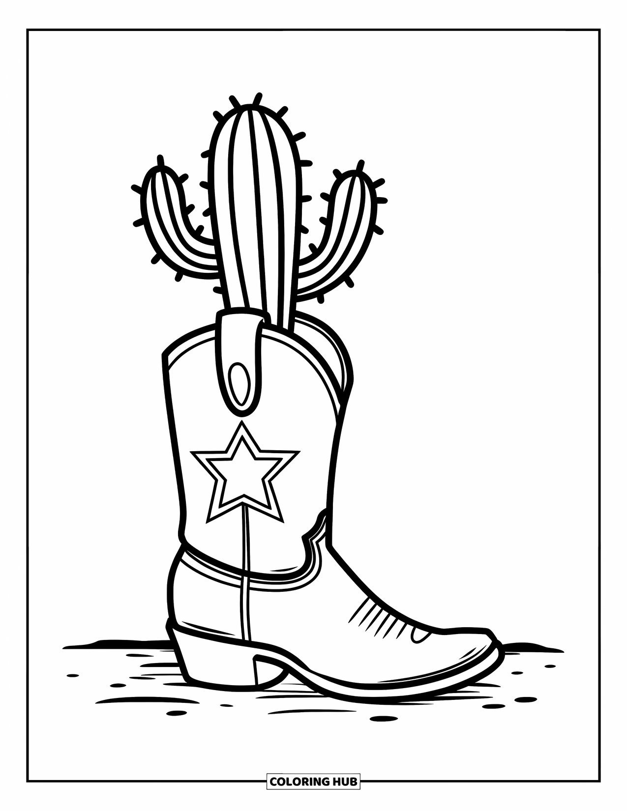 Desen de colorat cu cactus pentru copii: O scenă cu tematică western a unui cactus crescând într-o cizmă de cowboy cu o emblemă stea