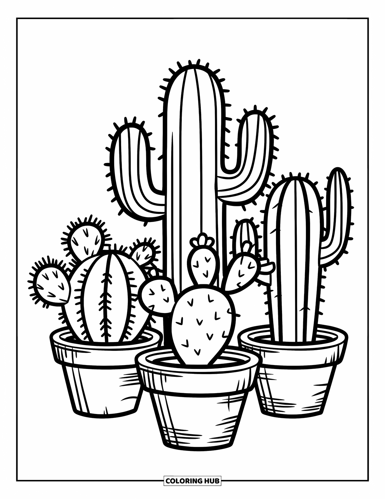 Desen de colorat cu cactus pentru copii: Trei cactuși în ghivece mici cu design rustic, stând împreună într-un aranjament fermecător