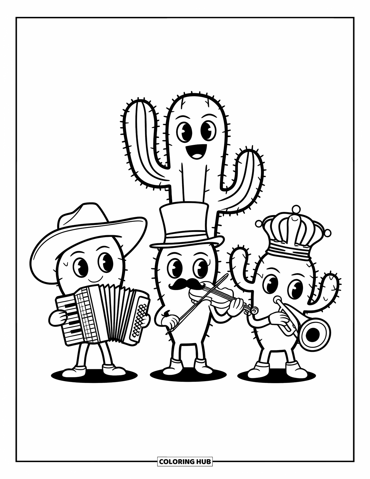 Desen de colorat cu cactus pentru copii: Trei cactuși în ținute unice cântând la instrumente - acordeon, vioară și trompetă - pe un fundal alb