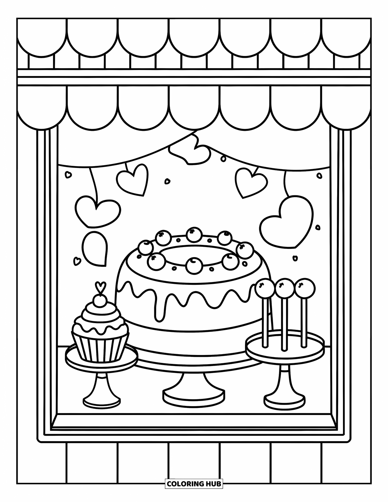 Kleurplaat van een taart voor volwassenen: Een verjaardagsfeest met een taart, cadeaus, ballonnen en confetti in een gezellige omgeving met een vloerkleed en stoel