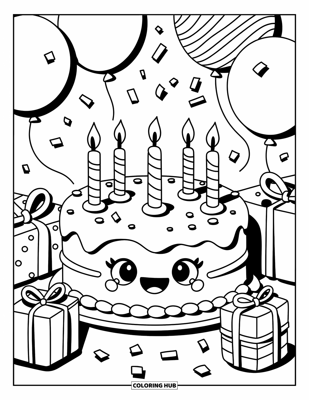 Kleurplaat van een taart voor volwassenen: Een verjaardagstaart met een vrolijk gezicht, omringd door cadeaus, ballonnen en confetti in een speelse stijl