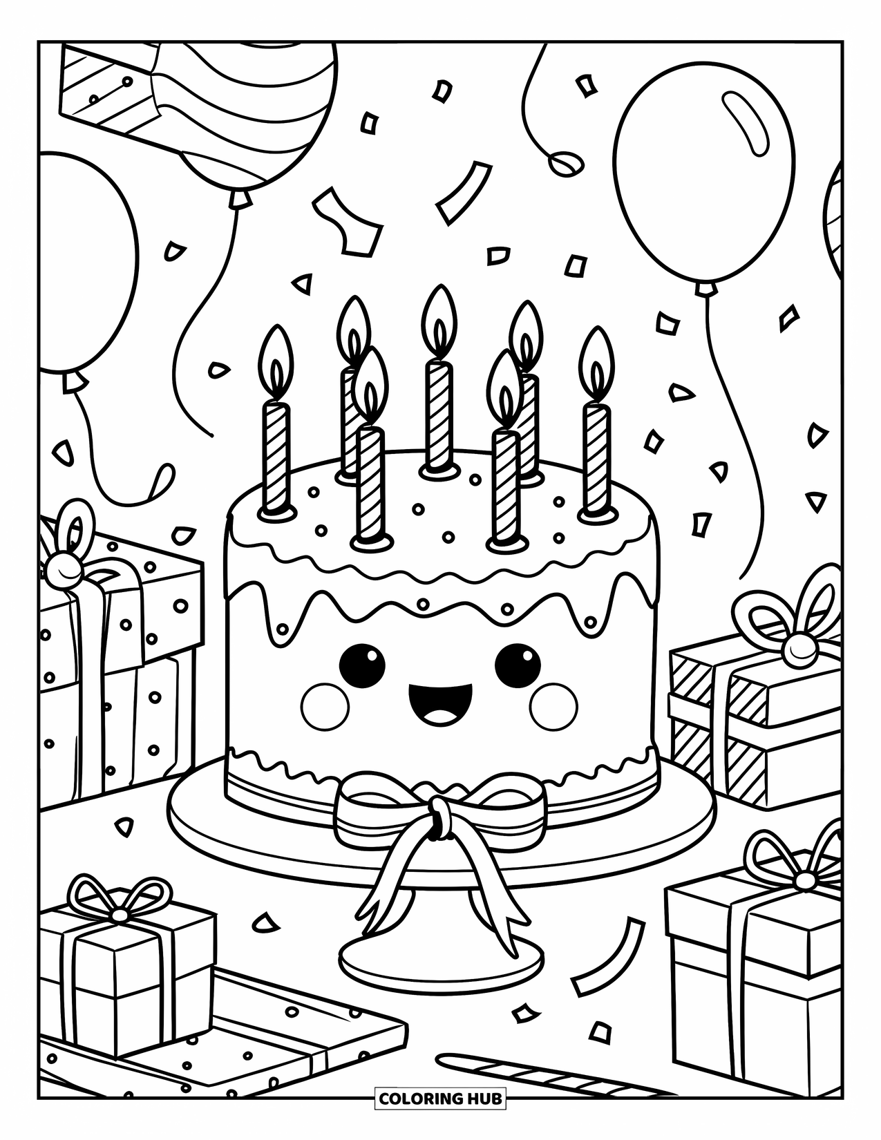 Kleurplaat van een taart voor volwassenen: Een verjaardagstaart met vijf kaarsen, cadeaus, ballonnen en confetti, allemaal in een kawaii doodle-stijl