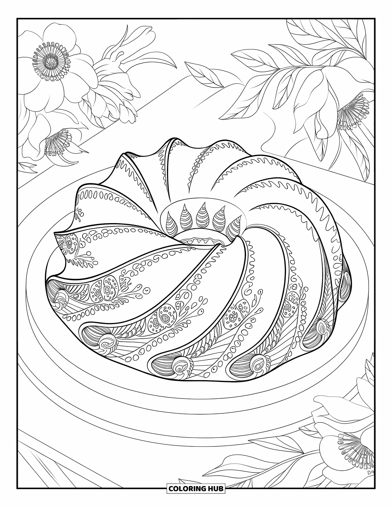 Kleurplaat van een taart voor volwassenen: Een tulbandcake met gedetailleerde bloemen- en geometrische patronen, geplaatst op een houten plank met bloemen en bladeren
