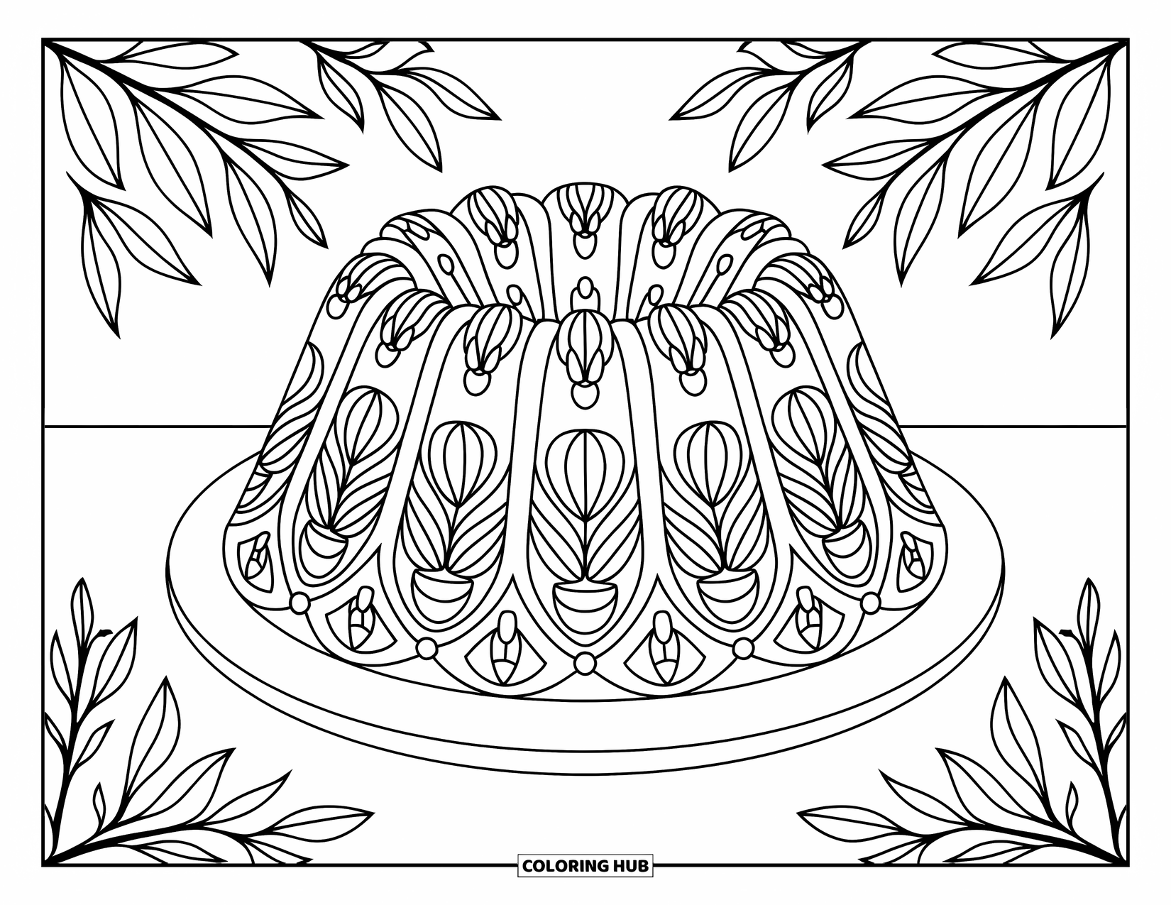 Kleurplaat van een taart voor volwassenen: Een tulbandcake met bloemen- en geometrische patronen, geplaatst op een wit bord met bladeren
