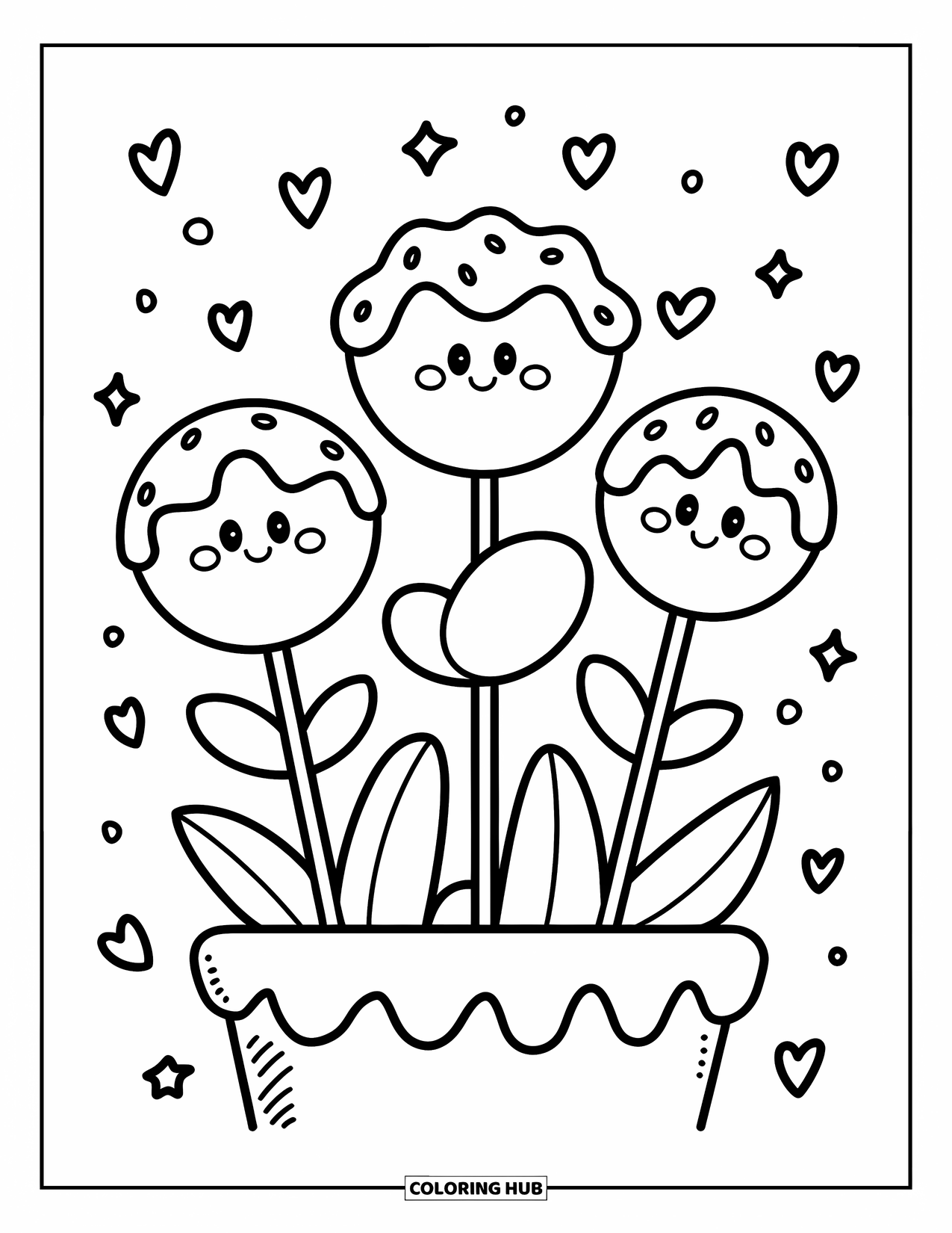 Kleurplaat van een taart voor volwassenen: Een cake pop tuin met kawaii cake pops op stokjes, ontworpen als bloemen met lachende gezichten