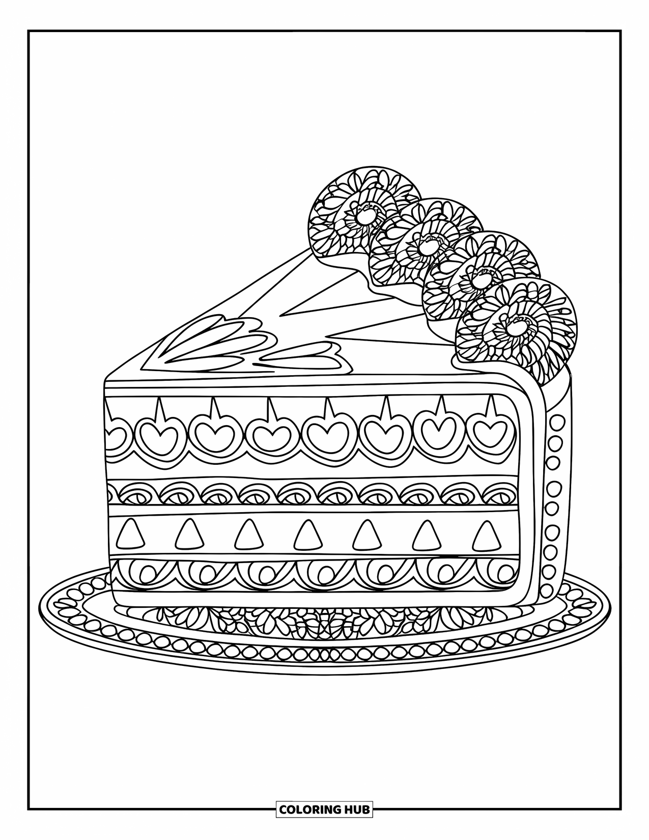 Kleurplaat van een taart voor volwassenen: Een stuk taart met ingewikkelde patronen zoals harten, sterren en wervelingen, geplaatst op een bord met een bloemenpatroon