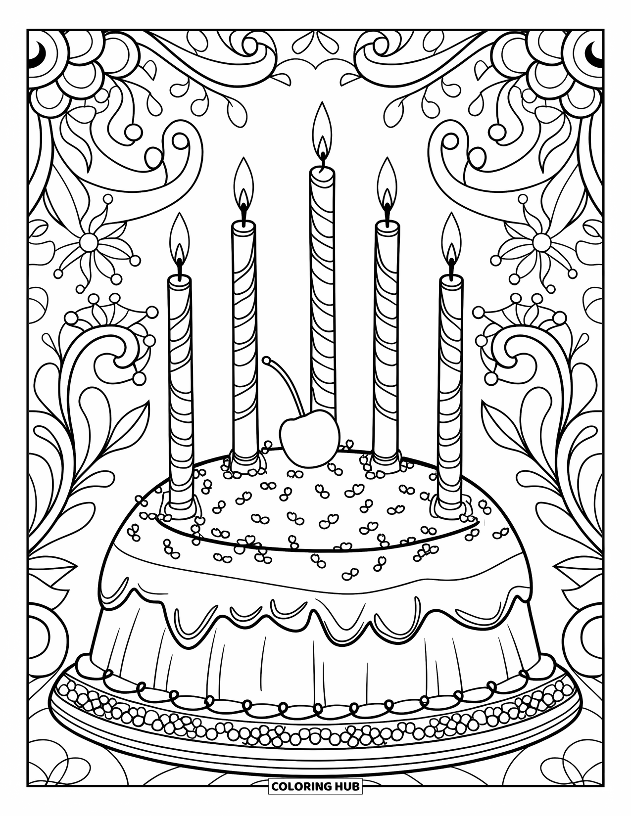 Kleurplaat van een taart voor volwassenen: Een taart met lange, elegante kaarsen, bekroond met een kers, omringd door ingewikkelde patronen