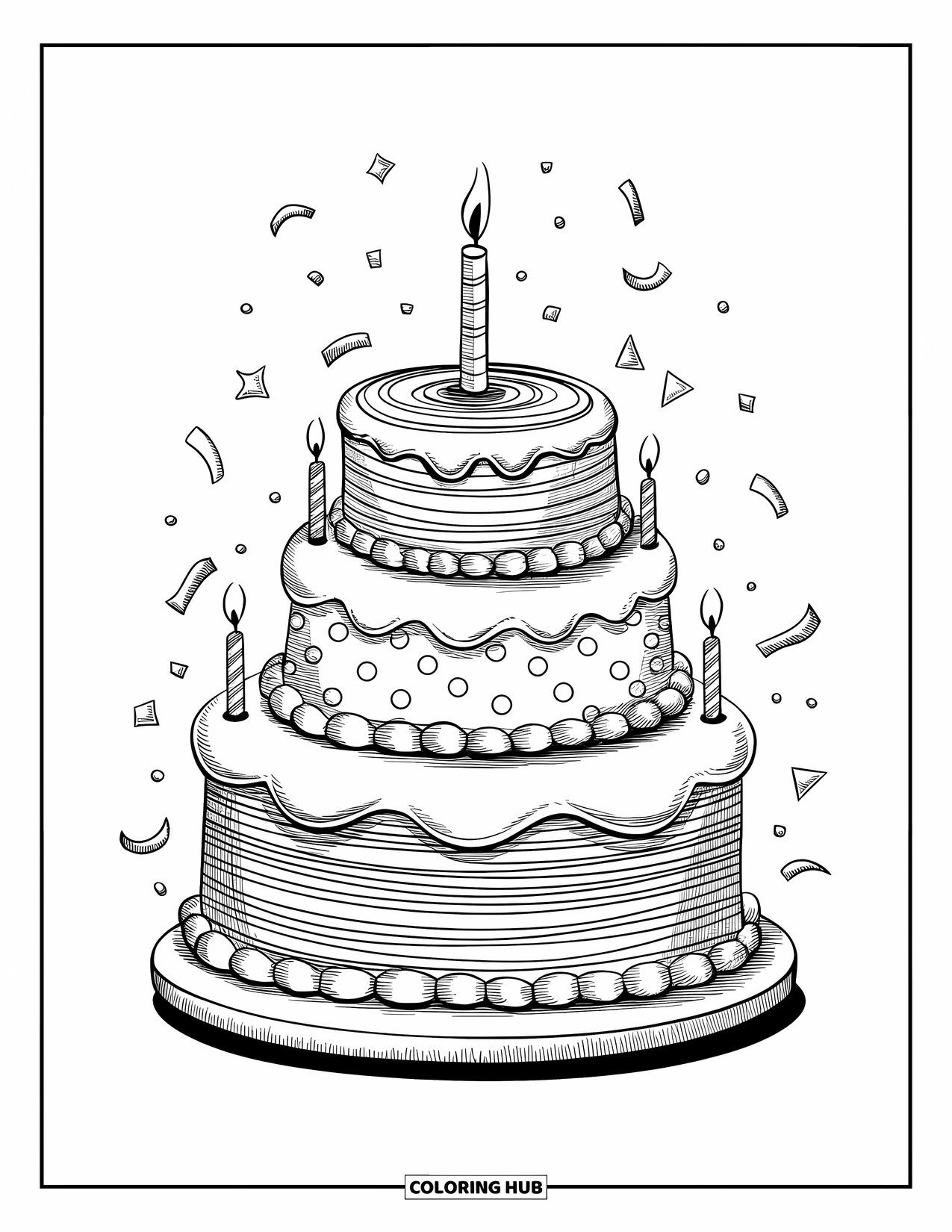 Kleurplaat van een taart voor volwassenen: Een feesttaartstapel met drie verdiepingen, elk versierd met strepen, stippen en wervelingen
