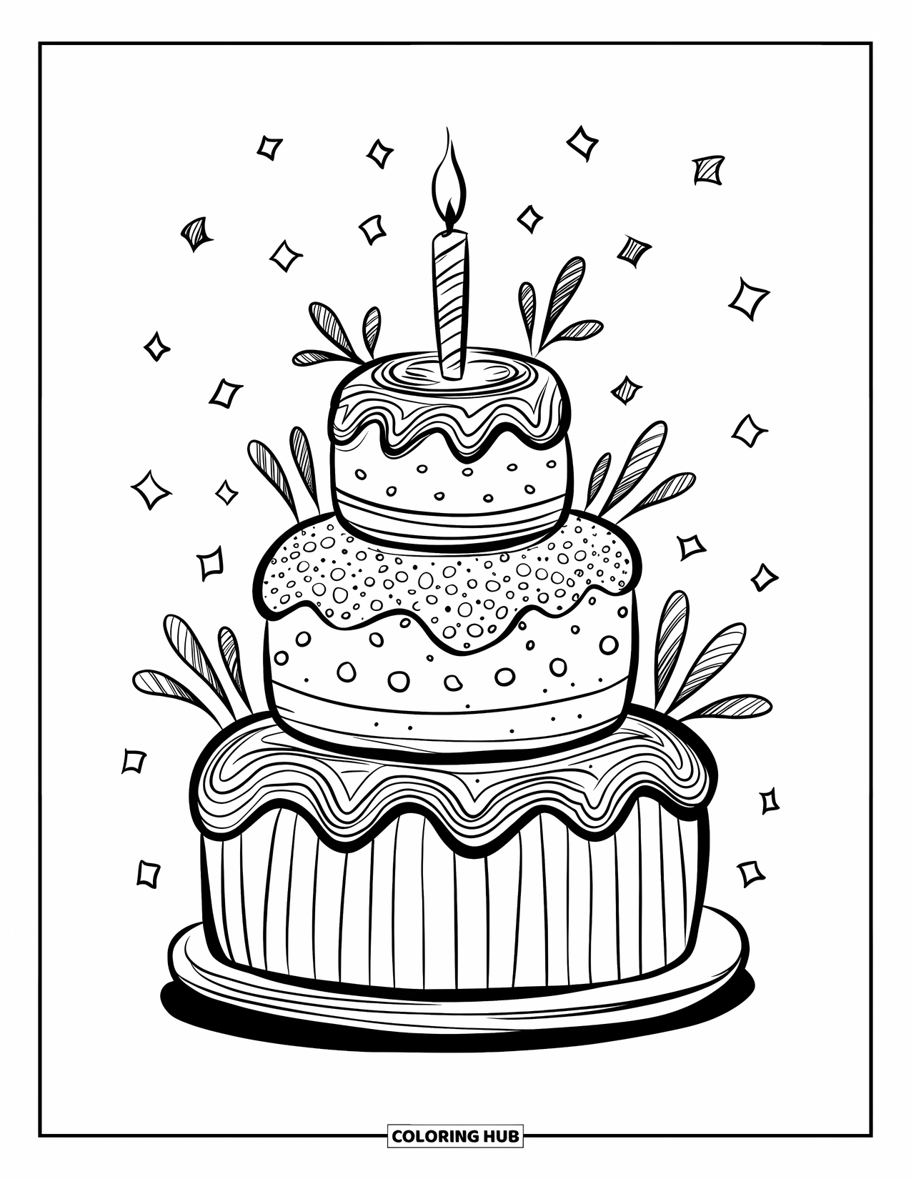 Kleurplaat van een taart voor volwassenen: Een feesttaartstapel met drie verdiepingen, gestreept, gestippeld en gedraaid, met zwevende confetti