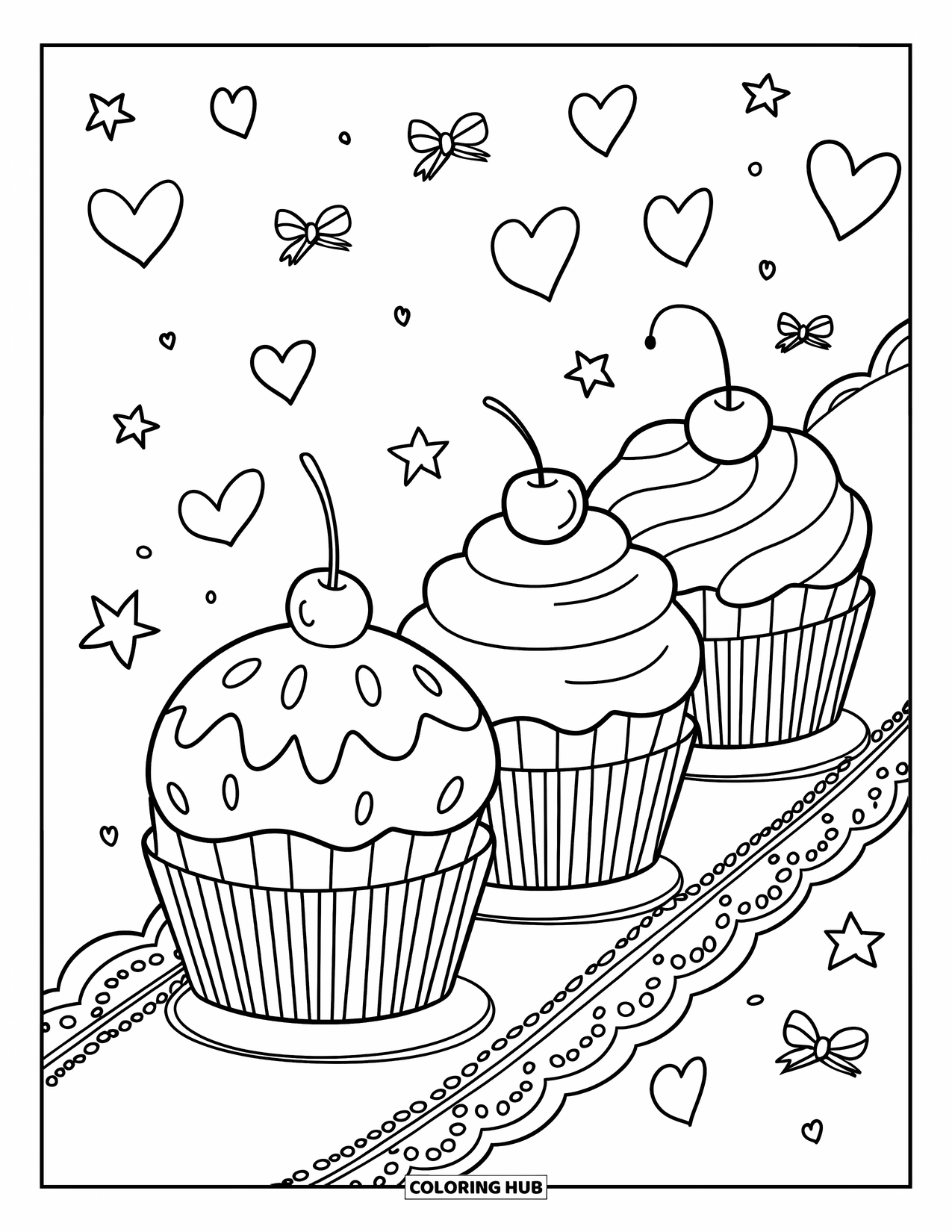 Kleurplaat van een taart voor volwassenen: Een cupcake parade met drie cupcakes, elk met een andere glazuurstijl, marcherend op een onderzetter