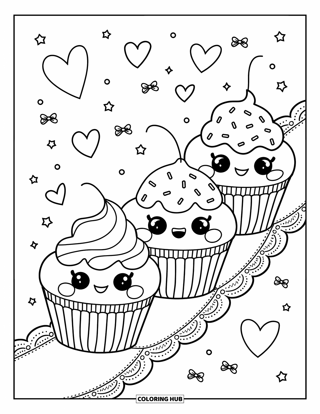 Kleurplaat van een taart voor volwassenen: Een cupcake parade met drie kawaii cupcakes, elk met een andere glazuurstijl en expressieve gezichten