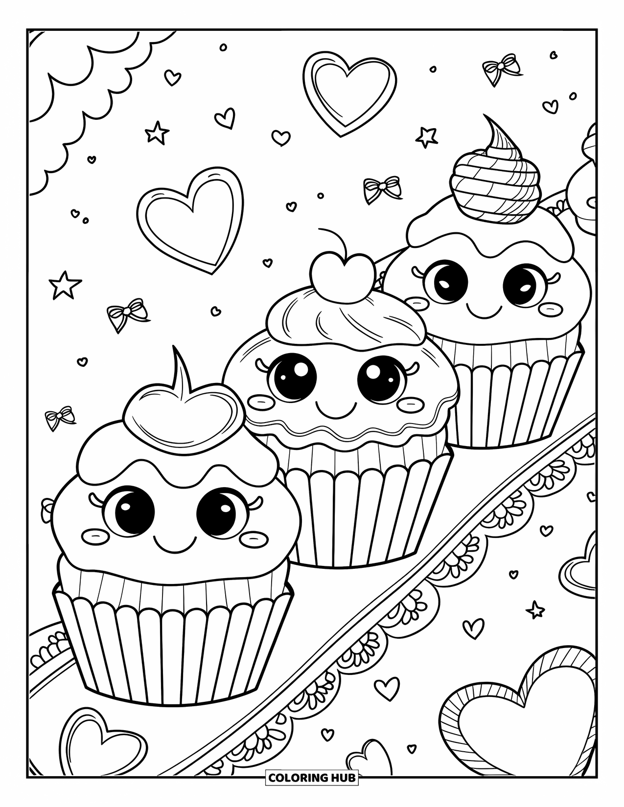 Kleurplaat van een taart voor volwassenen: Een cupcake parade met drie kawaii cupcakes, elk met een andere glazuurstijl en gezichten