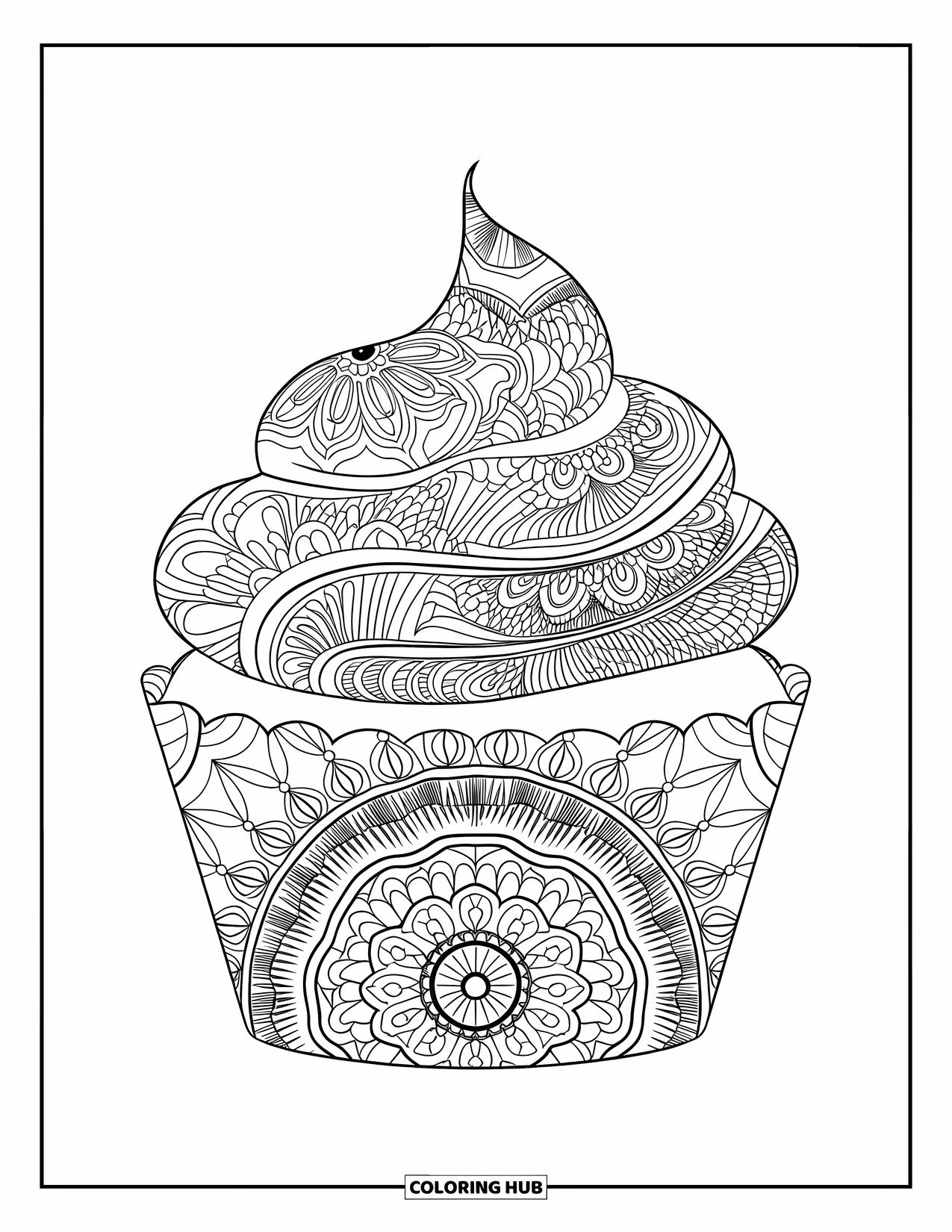 Kleurplaat van een taart voor volwassenen: Een cupcake met glazuur in mandala-stijl en een patroonwikkel, geplaatst op een strakke achtergrond