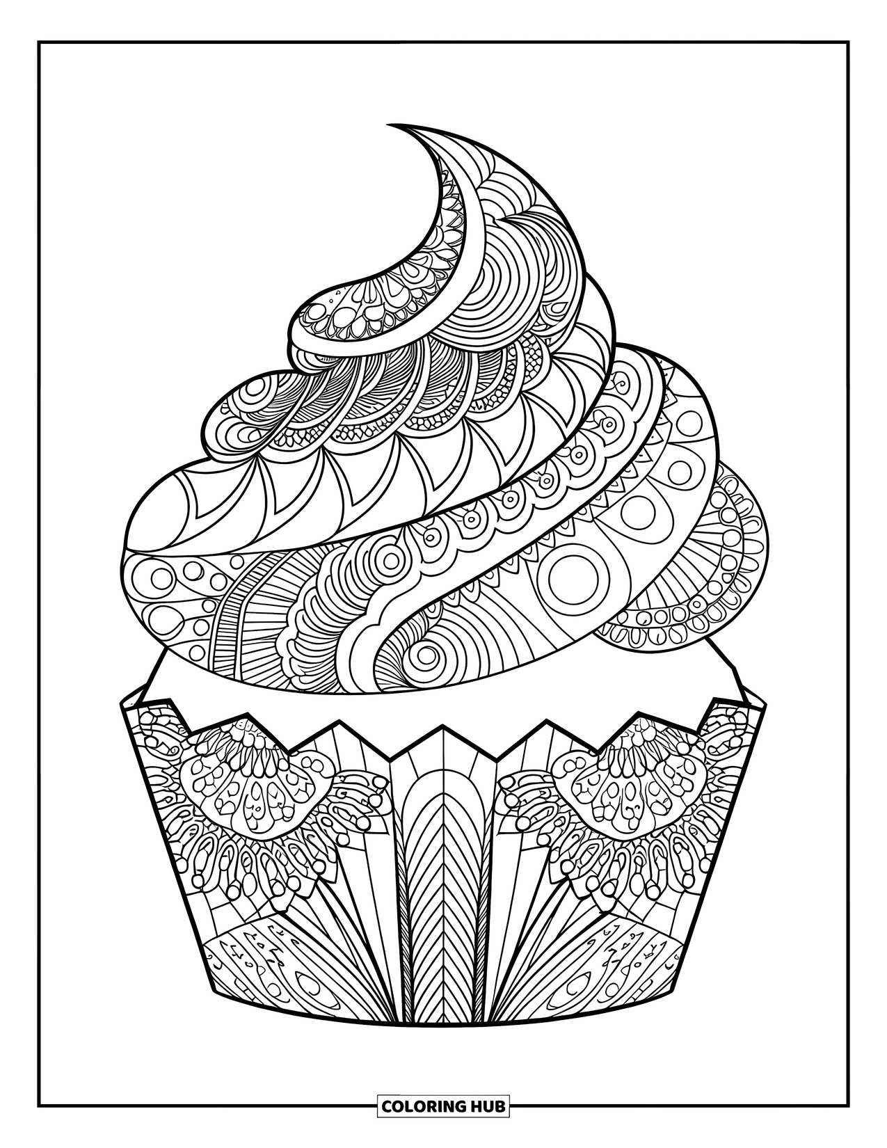 Kleurplaat van een taart voor volwassenen: Een cupcake met glazuur in mandala-stijl, geplaatst op een patroonwikkel, met strakke, gedurfde lijnen