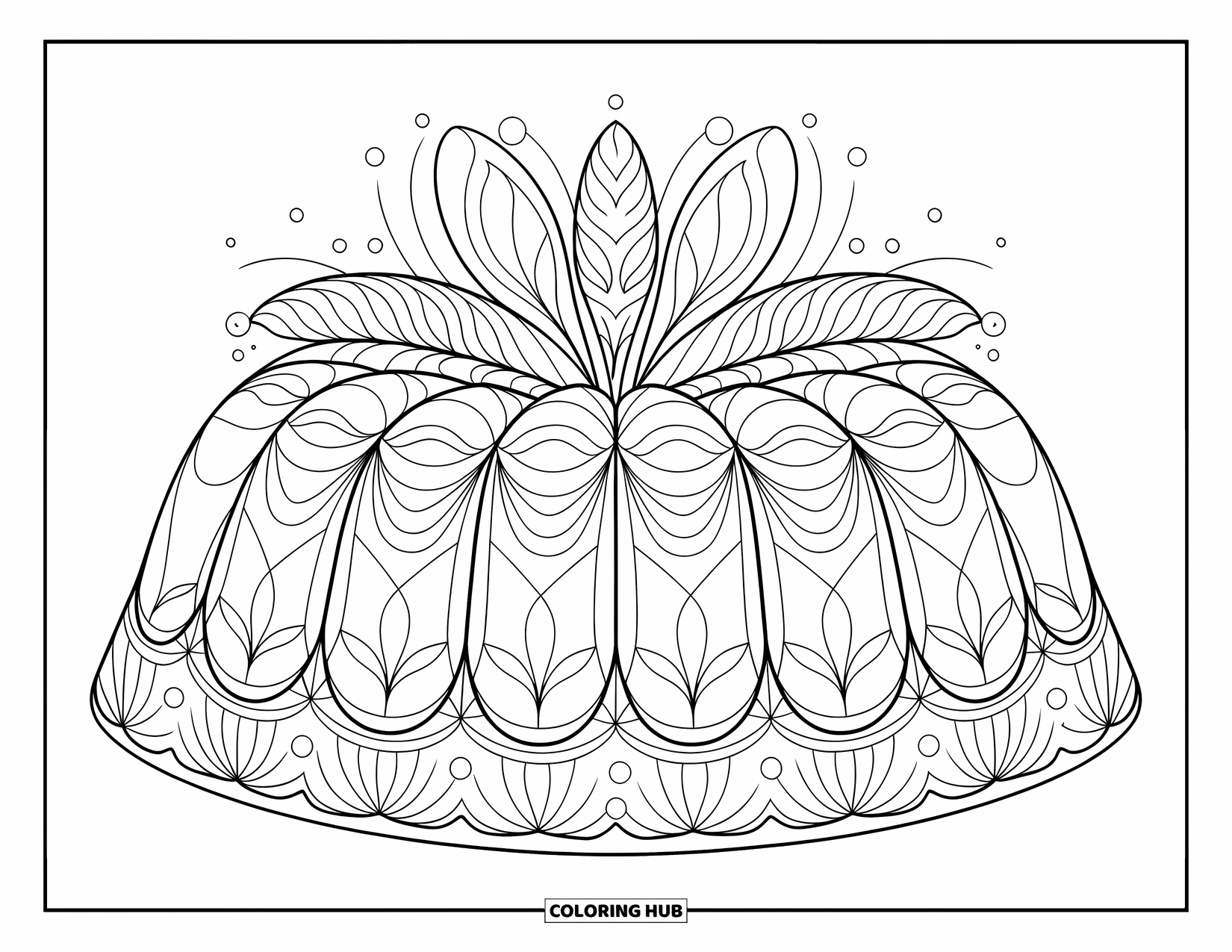Kleurplaat van een taart voor volwassenen: Een gedetailleerde tulbandcake met bloemen- en geometrische patronen, met ingewikkelde details om in te kleuren