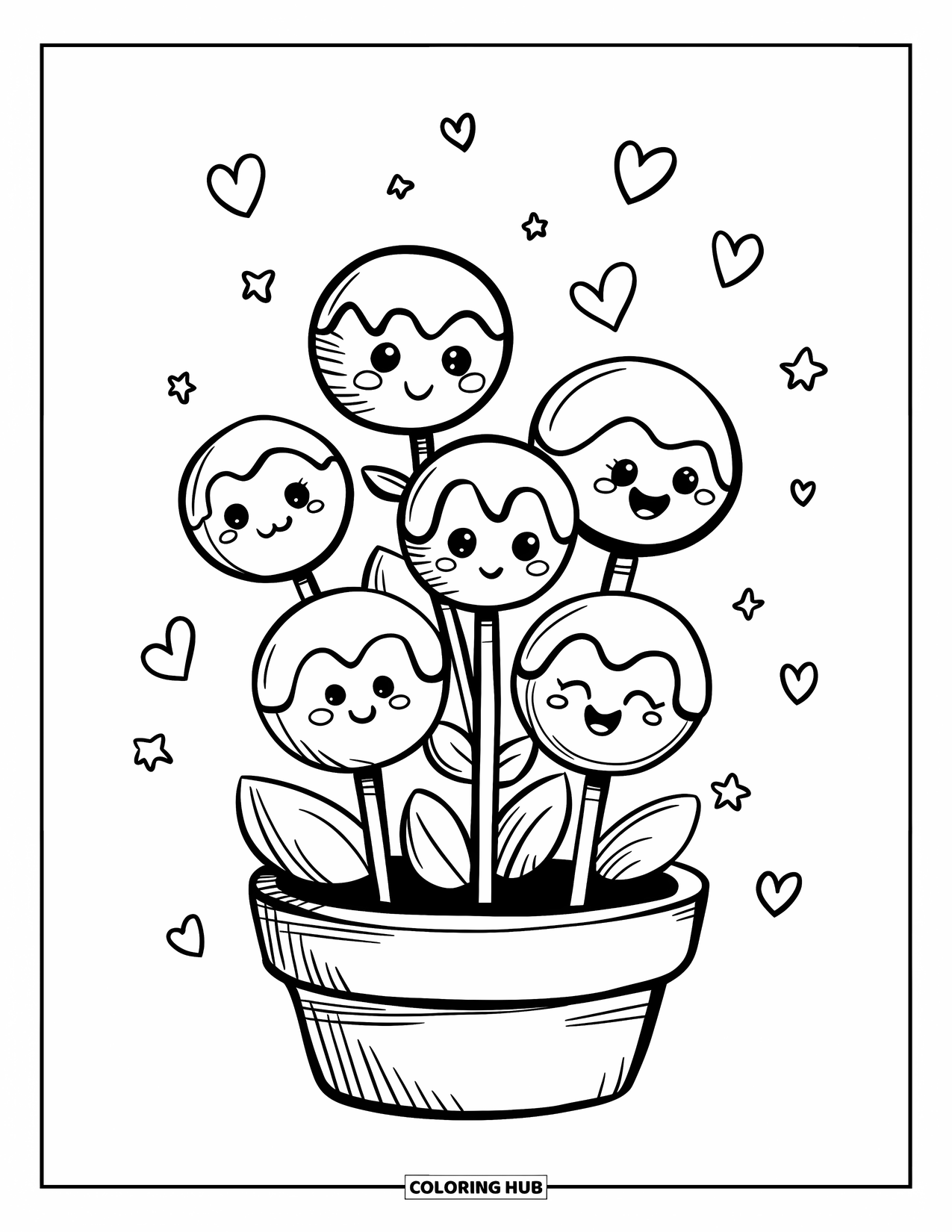 Kleurplaat van een taart voor volwassenen: Een kawaii cake pop tuin met cake pops op stokjes, ontworpen als bloemen met lachende gezichten