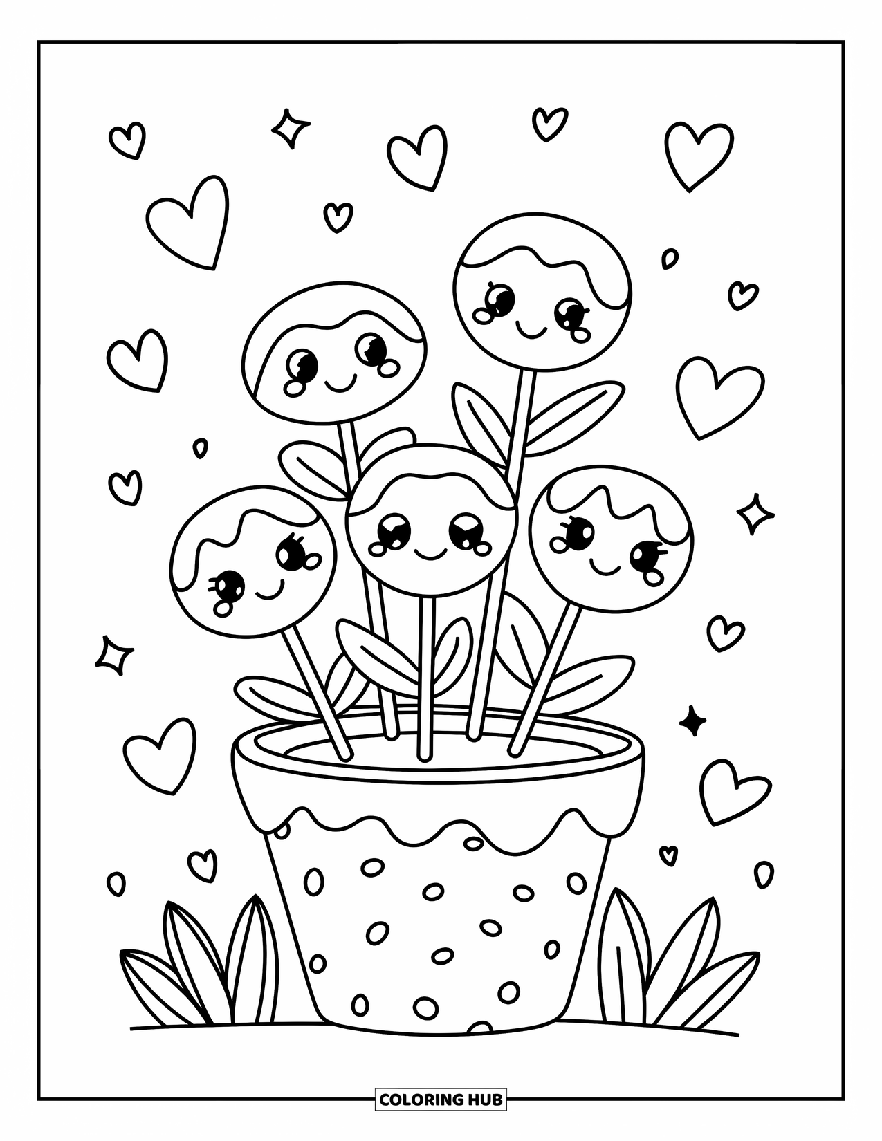 Kleurplaat van een taart voor volwassenen: Een kawaii cake pop tuin met cake pops op stokjes, ontworpen als bloemen met lachende gezichten