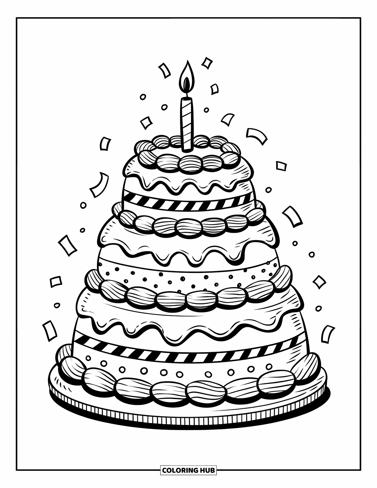 Kleurplaat van een taart voor volwassenen: Een kawaii feesttaartstapel met drie verdiepingen, gestreept, gestippeld en gedraaid, met een kaars